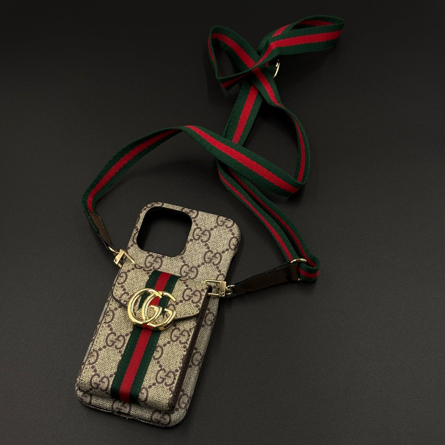 Luxury GG Stripe Monogram Cardholder Sling Case for iPhone