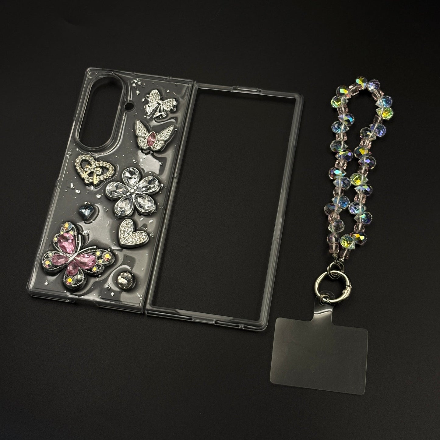 Rhinestone Butterfly Case with Beaded Heart Sling for Samsung Galaxy Z Fold 8 Ultra