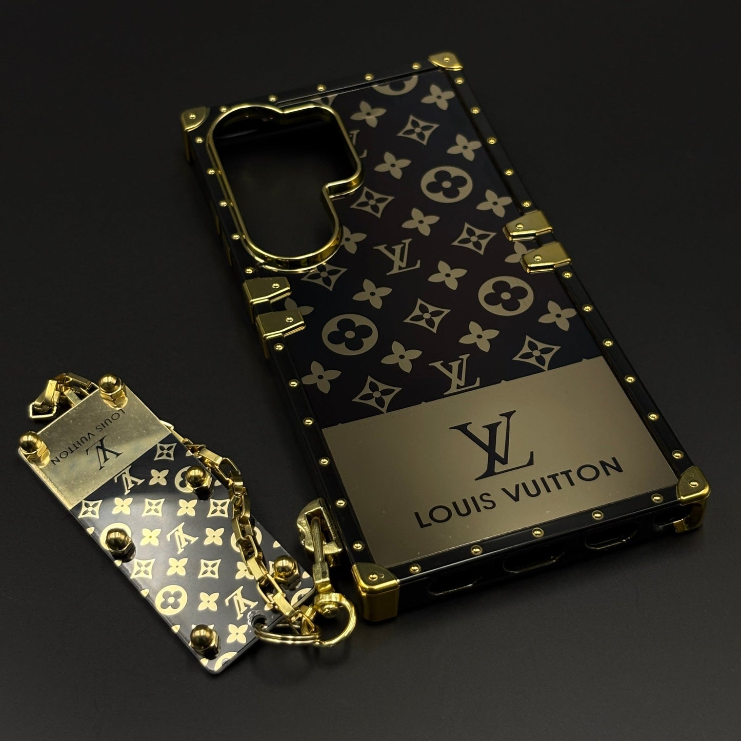 Black Gold Monogram Square Trunk Mobile Case Cover with Chain Strap for Samsung Galaxy S26 Ultra