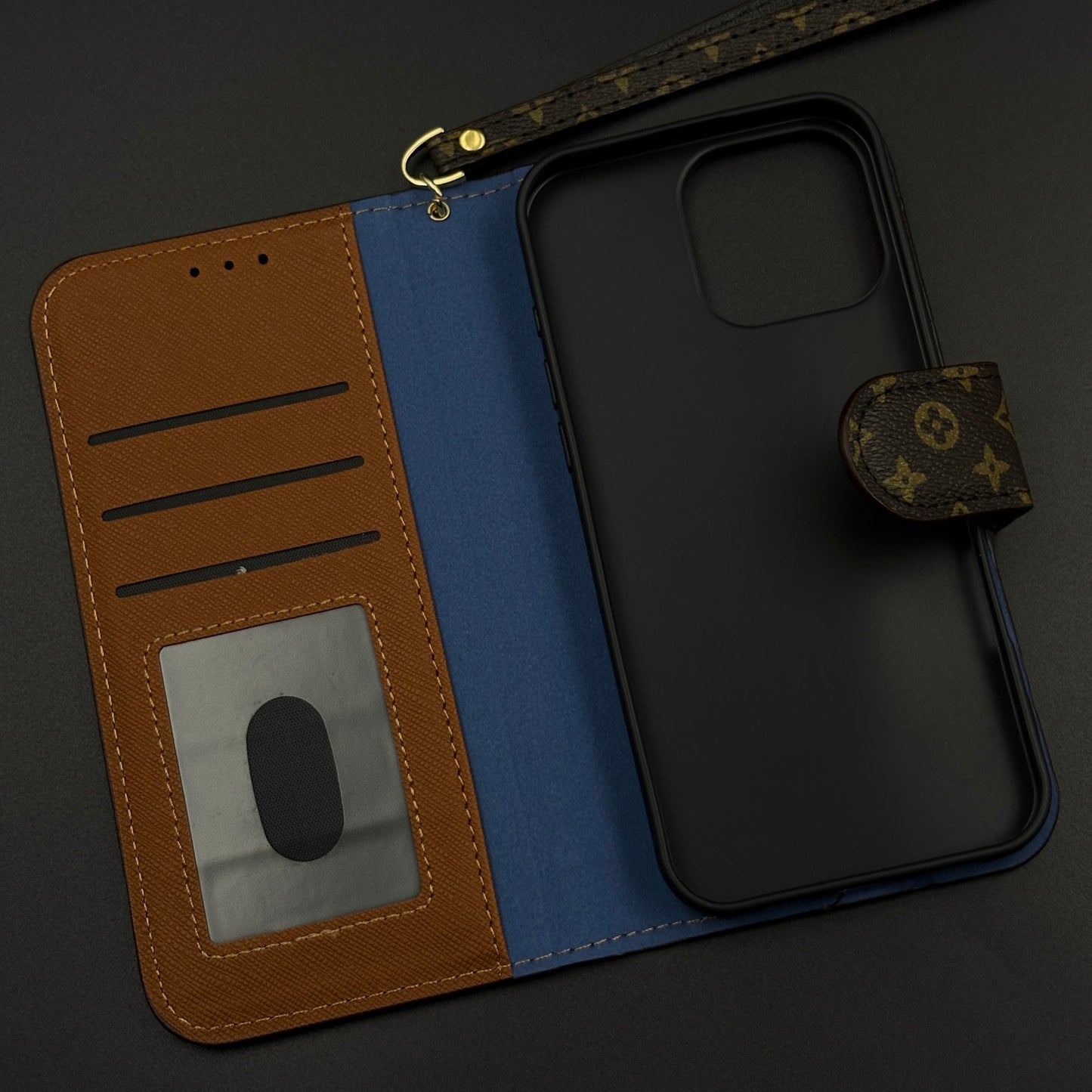 Monogram Flip Wallet Case for iPhone 16 Pro Max with Card Slots | ID Window & Wrist Strap