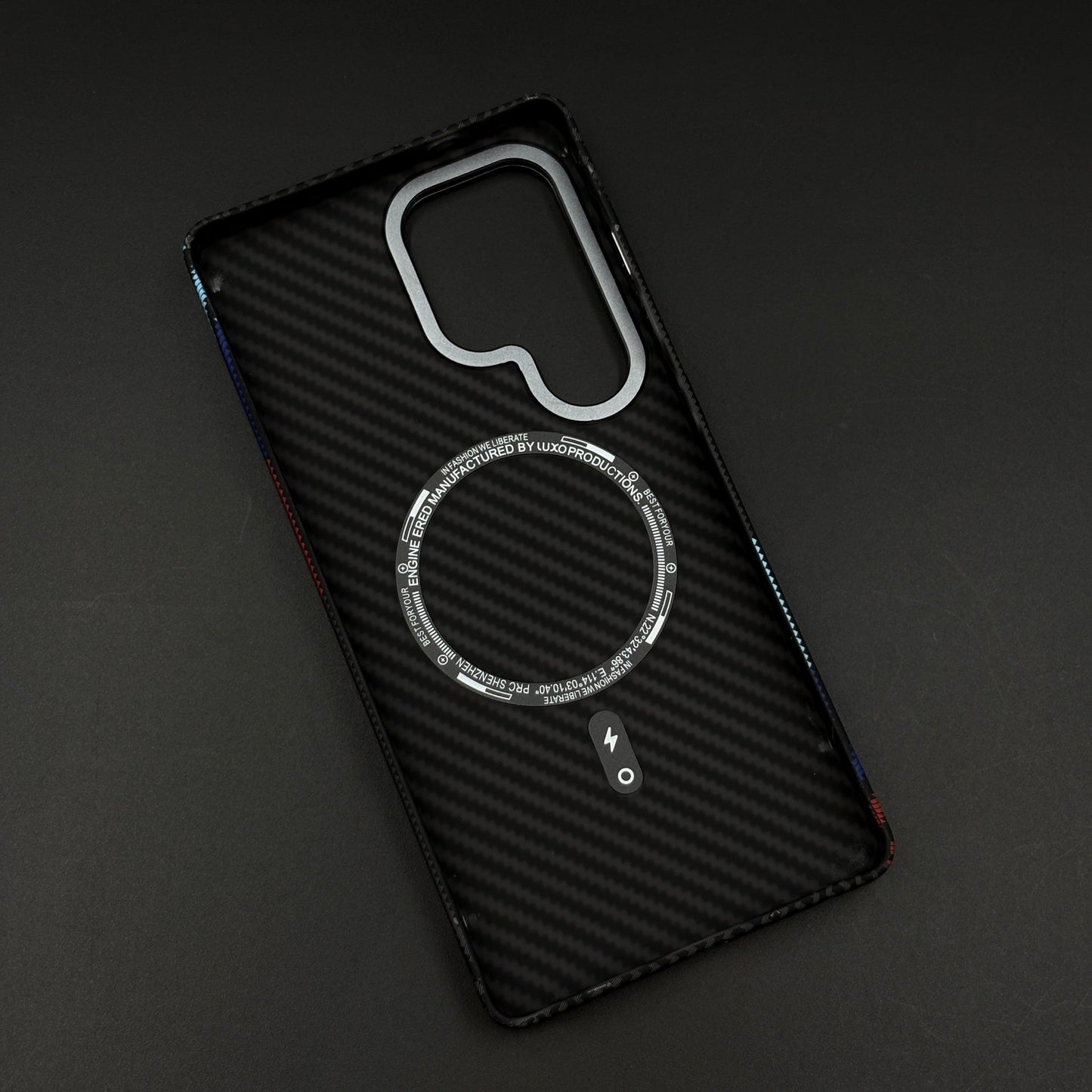 M Stripe Aramid Case with Hidden MagSafe for Samsung Galaxy S25 Ultra | Camera Kickstand | Carbon Fibre Racing Feel