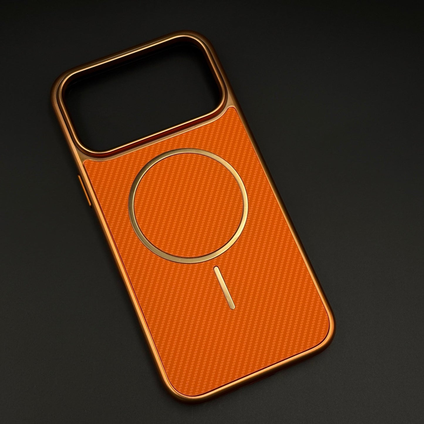 Carbon Fibre Texture Electroplated MagSafe Mobile Case Cover in Sunset Orange for iPhone 17 Series