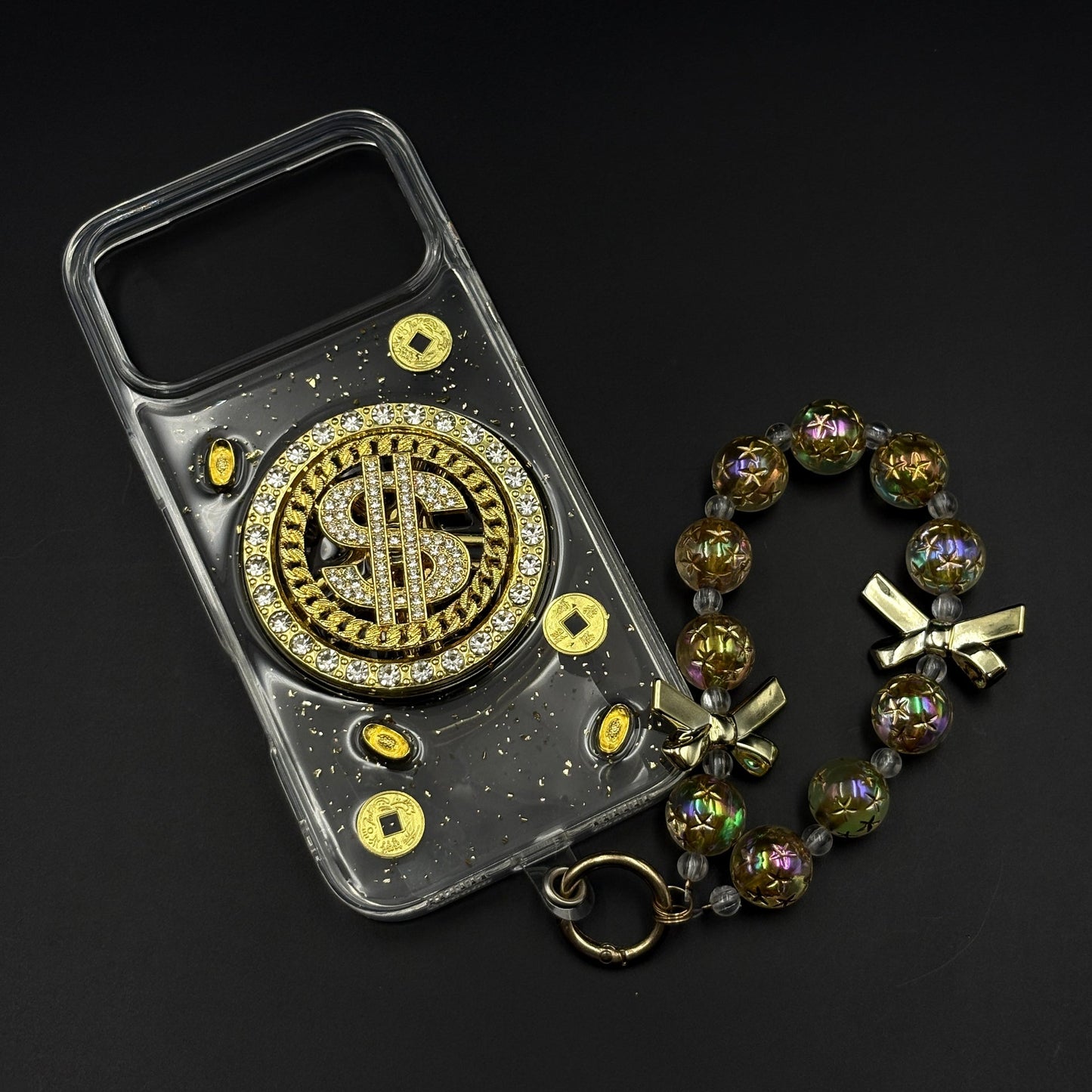 Luxury Rotating Dollar Case for iPhone 17 Series | Gold Bling Coin Design with Beaded Wrist Strap