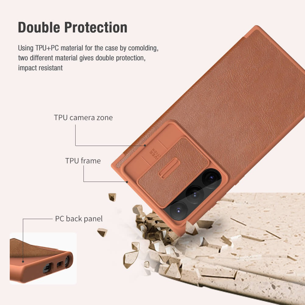 Samsung Galaxy S25 Ultra Camera Protection QIN Leather Flip Case Brown