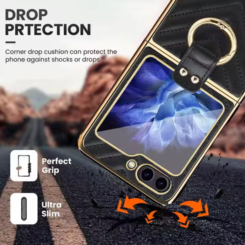 Luxury Puffer Leather Case with Ring Holder for Samsung Galaxy Z Flip 6 | Side Gold Plated Cover