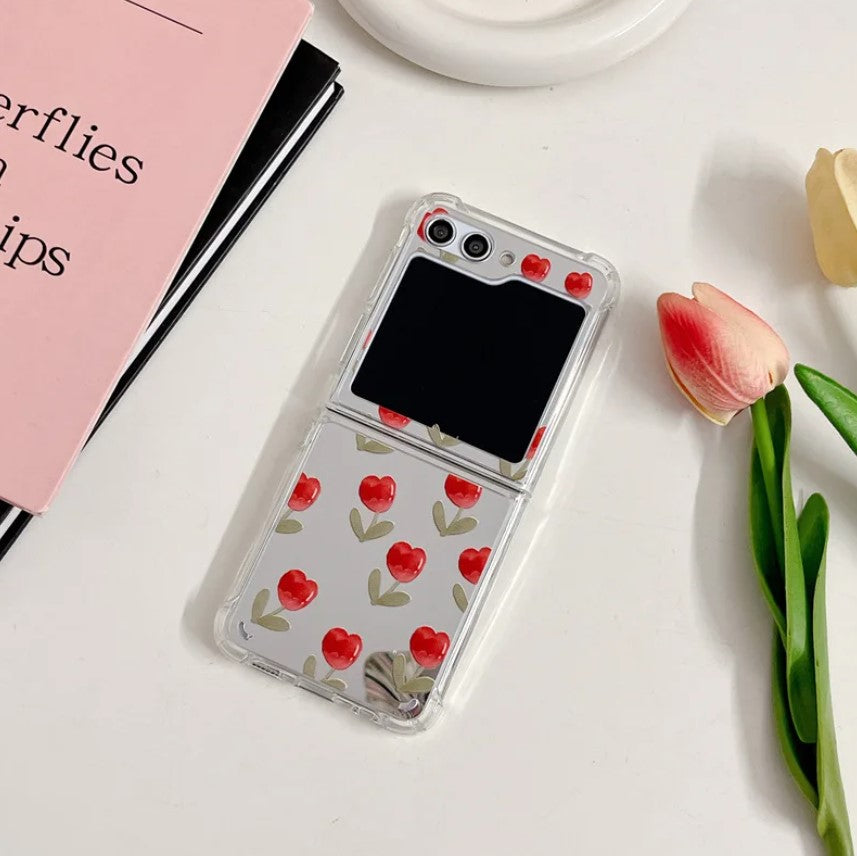 Red Floral Tulip Mirror Case With Pearl Holder for Samsung Galaxy Z Flip 5