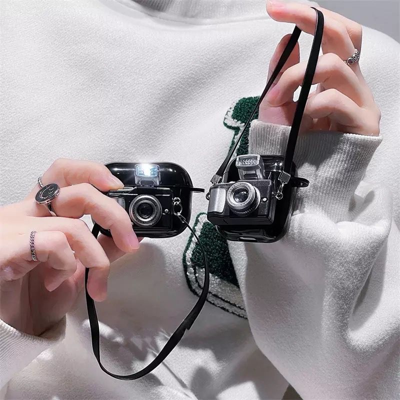 3D Retro Camera AirPods Case Cover Black