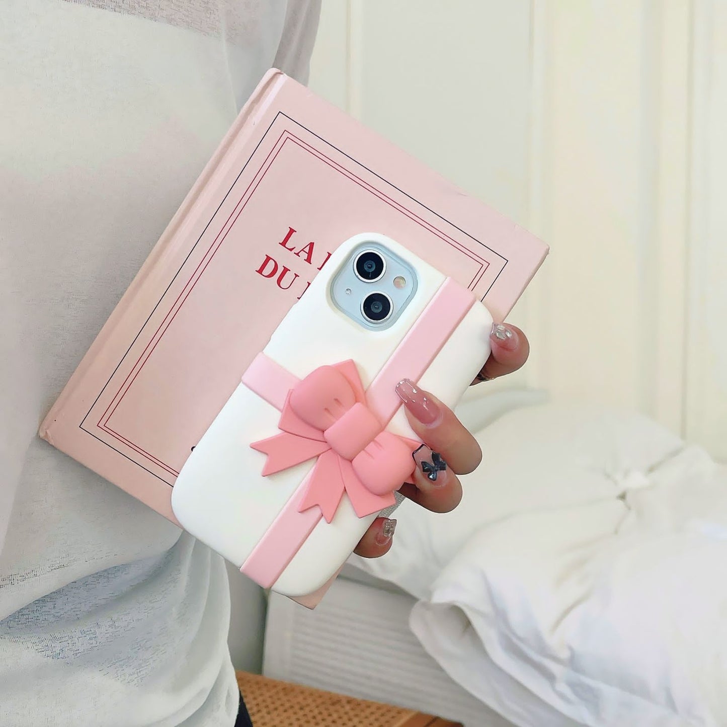 iPhone 15 Pro Pink Bow Silicone Case Cover Beige Clearance