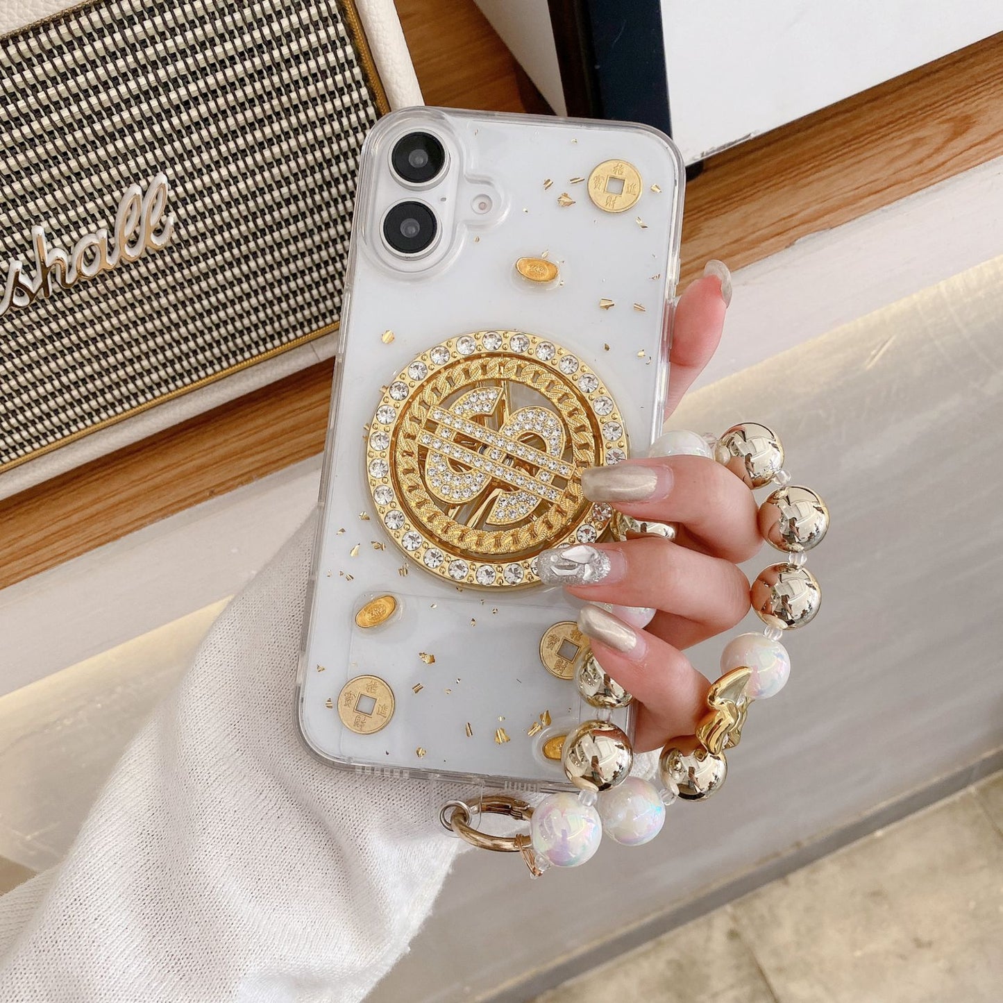 Luxury Rotating Dollar Case for iPhone Series | Gold Bling Coin Design with Beaded Wrist Strap