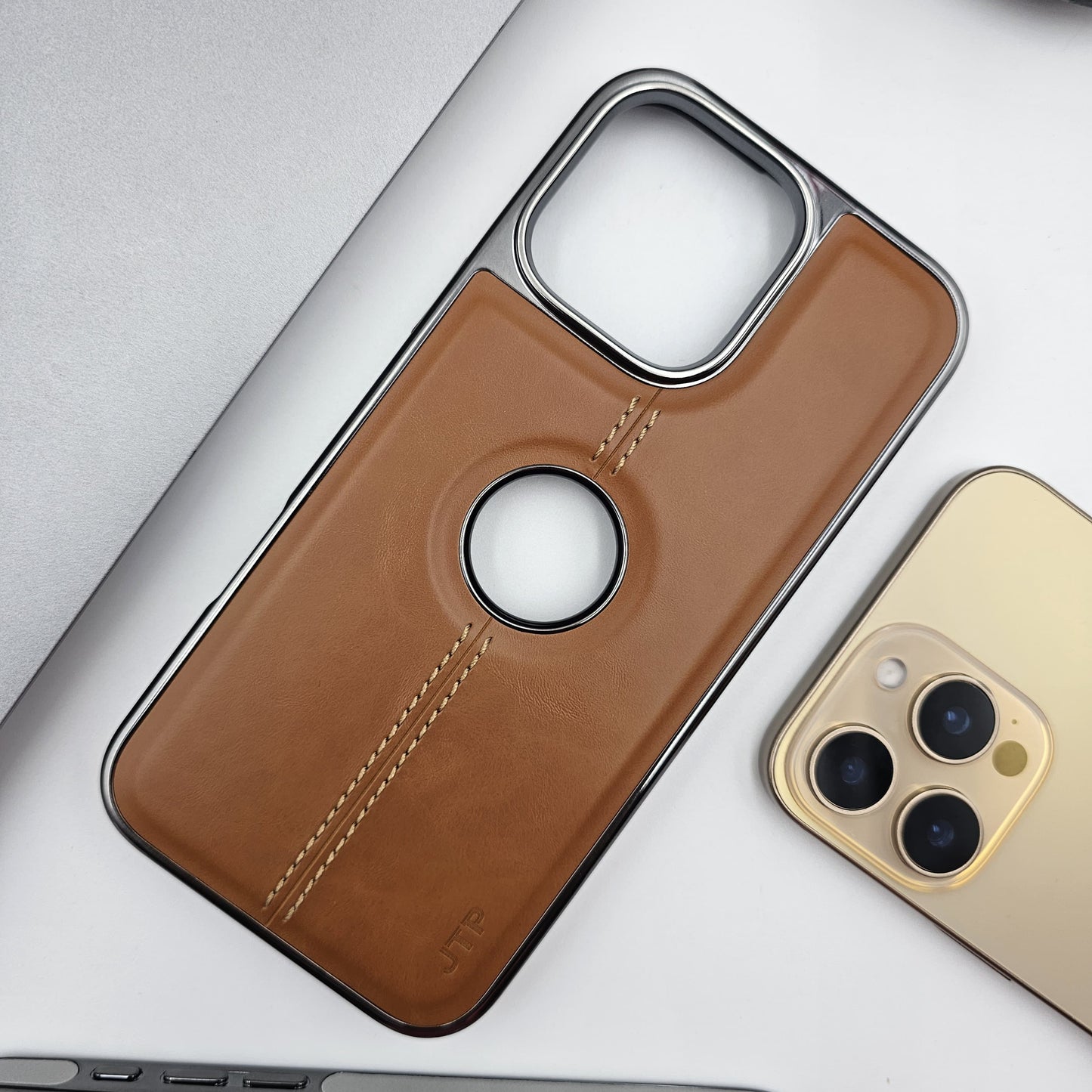 iPhone Logo Cut Centre Stitched PU Leather Chrome Case