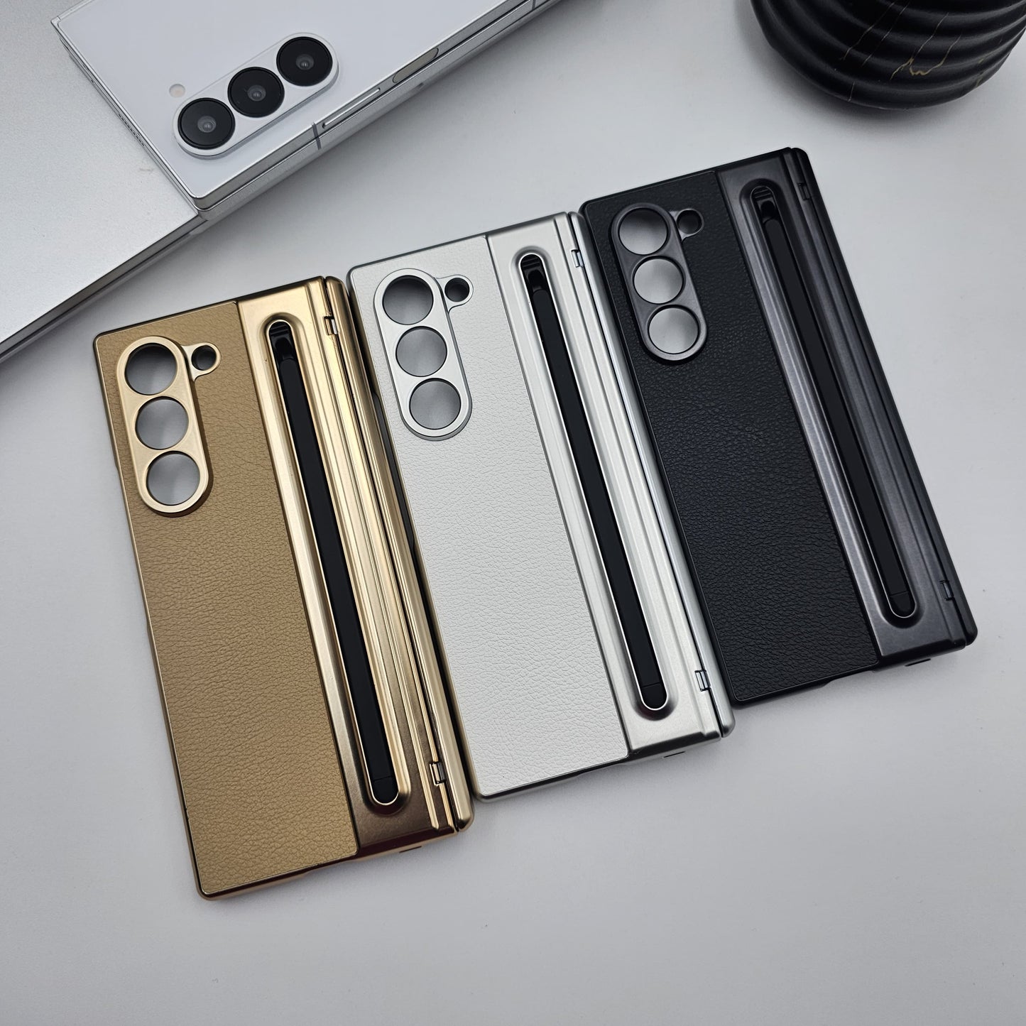 All-in-One Case | Leather Texture with Pen for Samsung Galaxy Z Fold 7 | Front Screen Protector & Side Hinge Protection