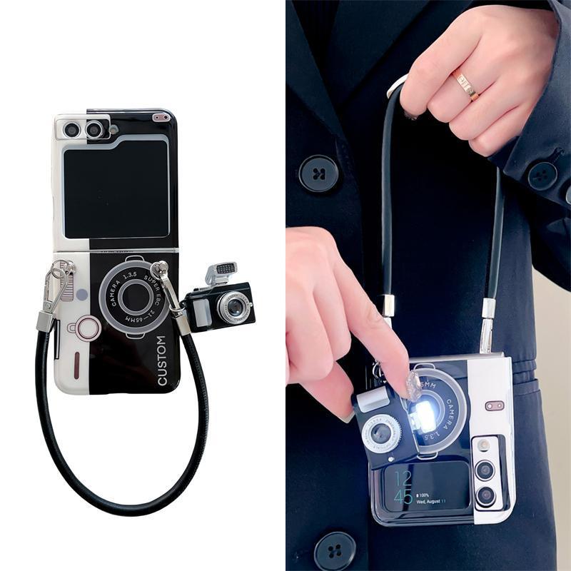 Vintage Camera Case with Flash & Sling for Samsung Galaxy Z Flip 7 FE | Retro Design | Functional LED Light