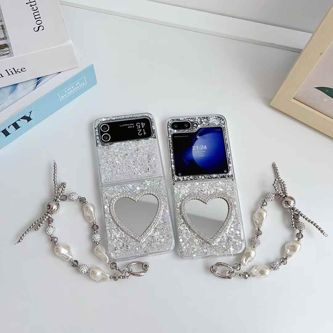 Heart Shape Mirror Glitter Phone Case with Beaded Strap for Samsung Galaxy Z Flip 7 FE