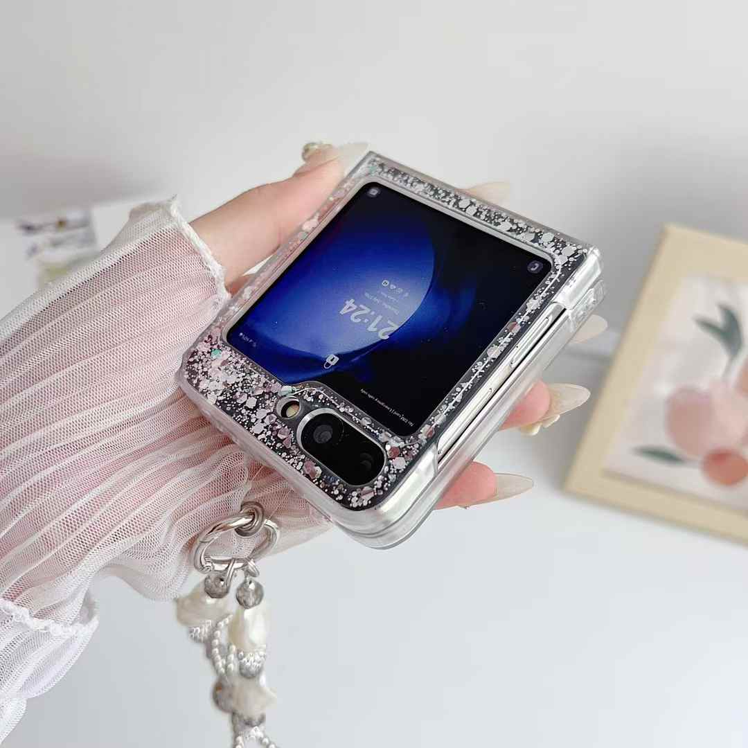 Heart Shape Mirror Glitter Phone Case with Beaded Strap for Samsung Galaxy Z Flip 7 FE
