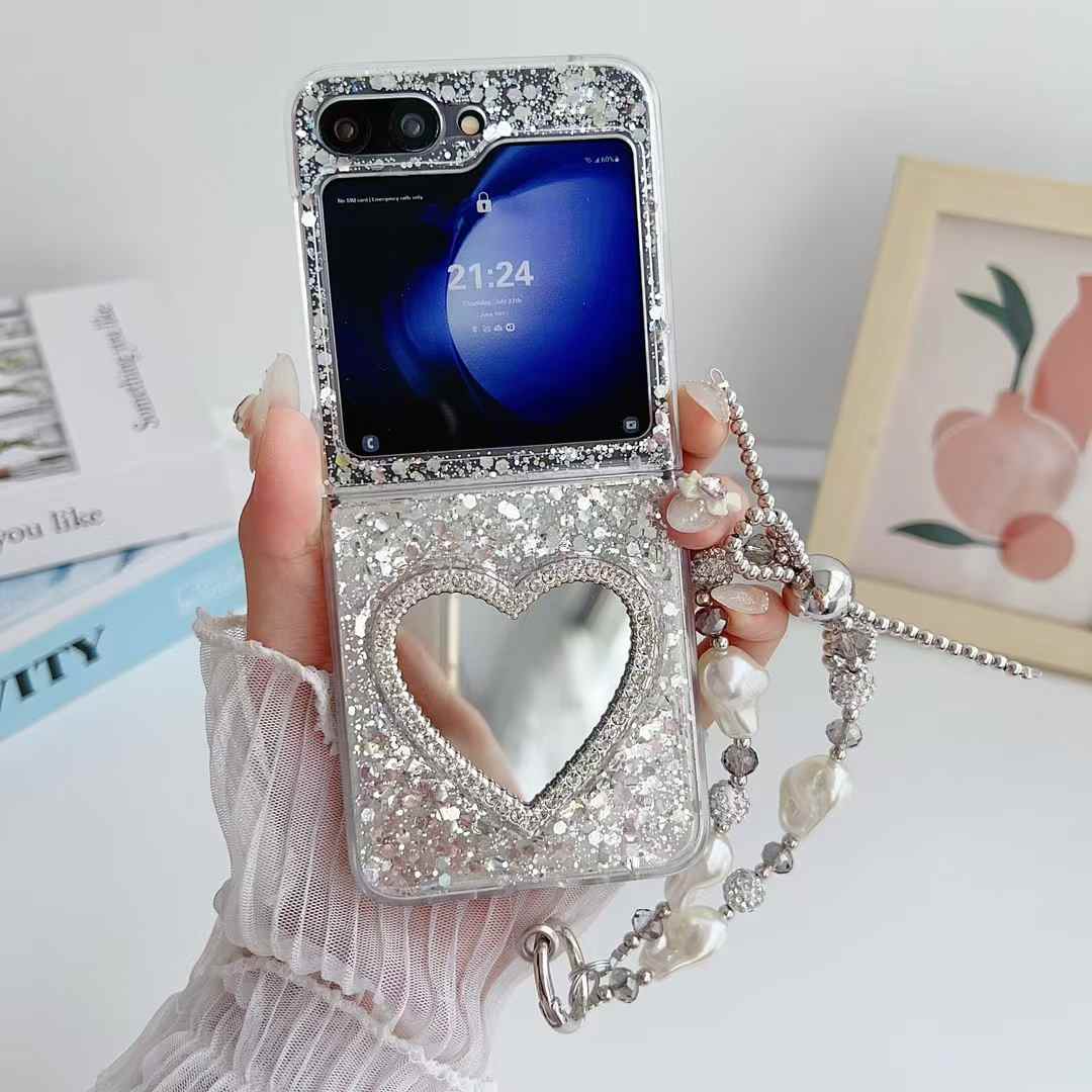 Heart Shape Mirror Glitter Phone Case with Beaded Strap for Samsung Galaxy Z Flip 7 FE