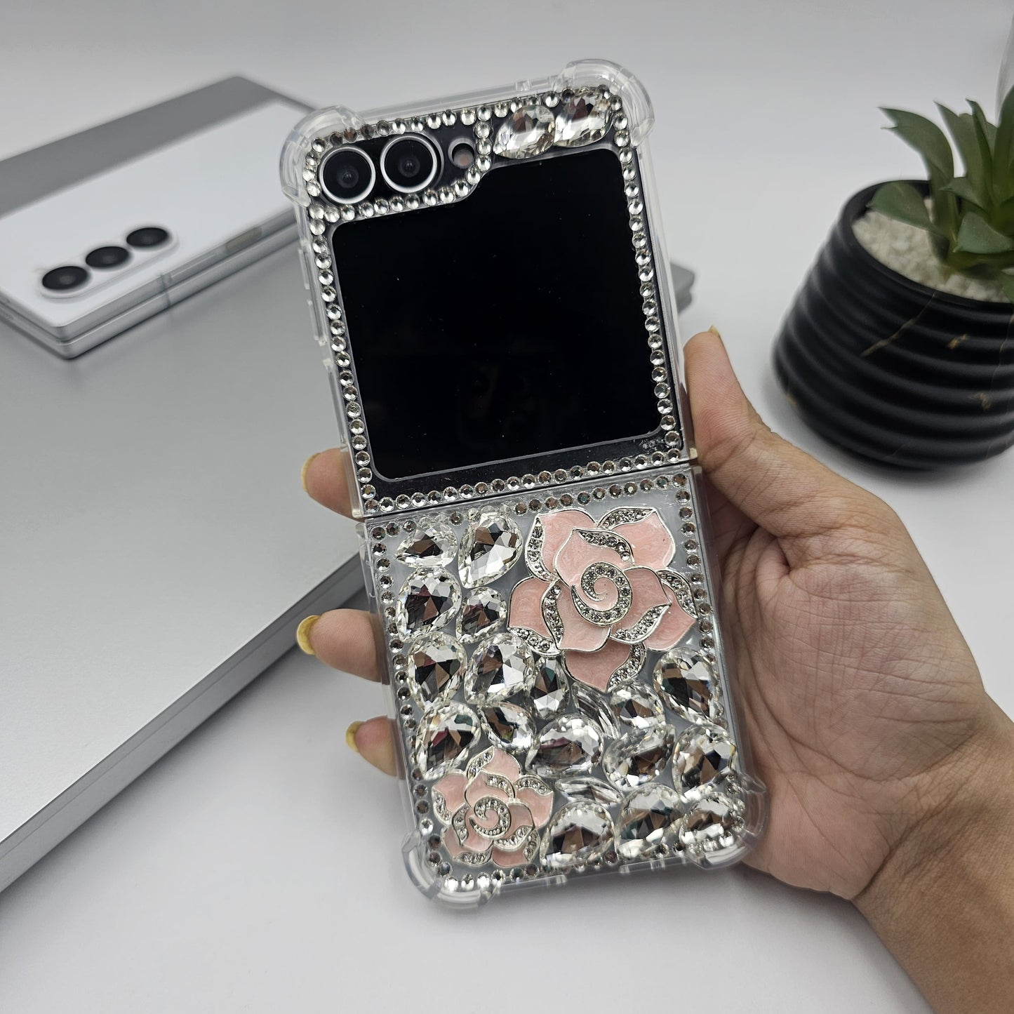 Bling Case with Rose Design & Rhinestones For Samsung Galaxy Z Flip 7 FE | Luxury Crystal Cover