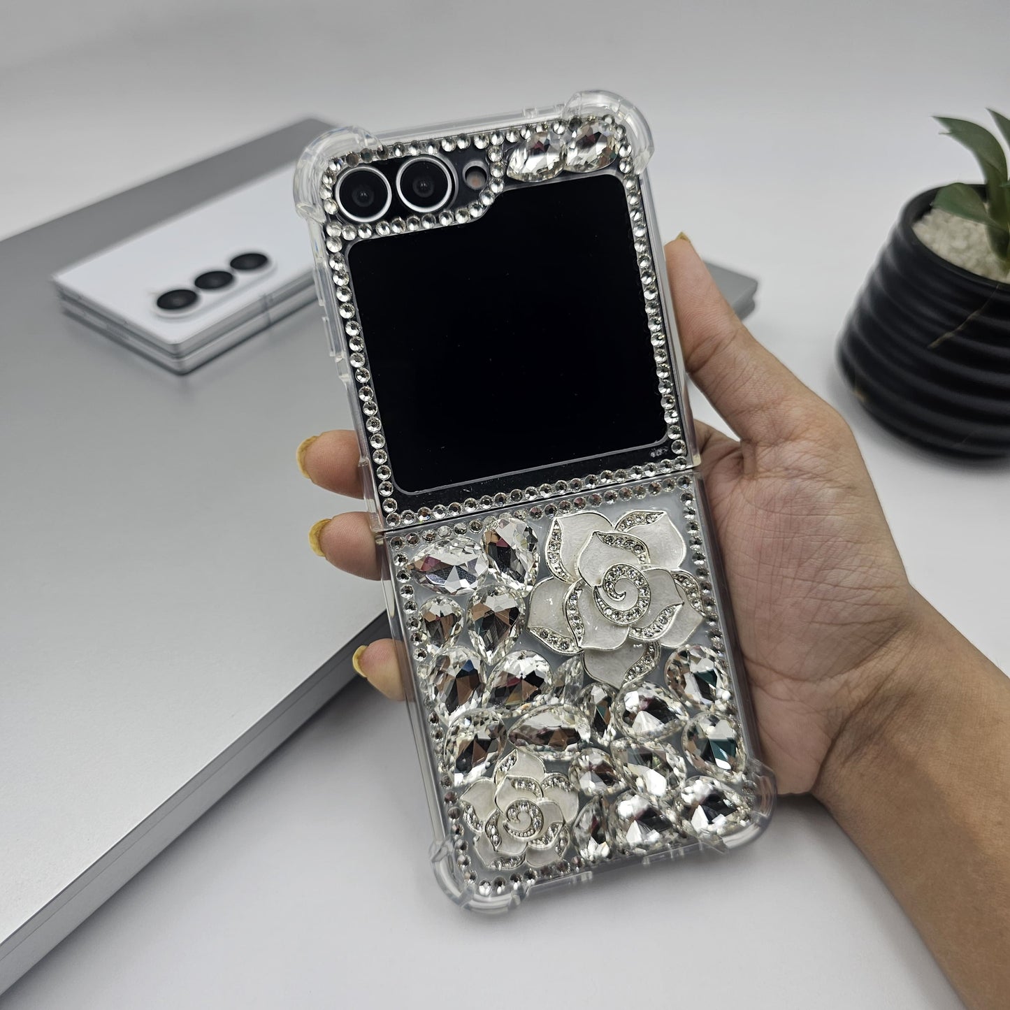 Bling Case with Rose Design & Rhinestones For Samsung Galaxy Z Flip 7 FE | Luxury Crystal Cover