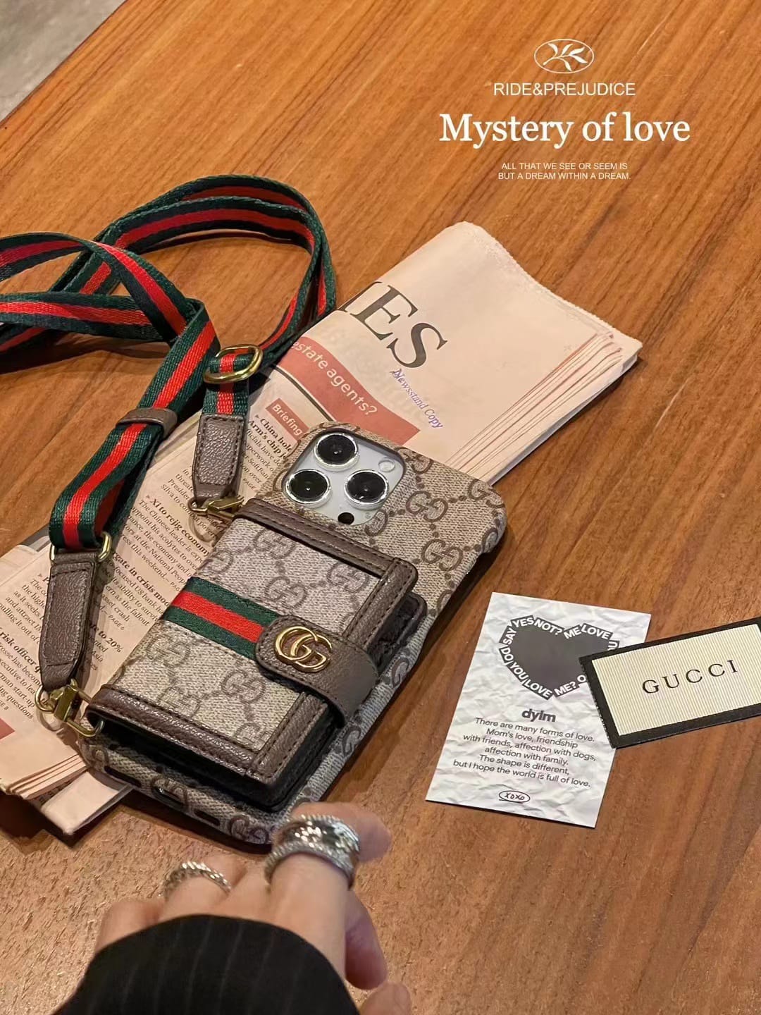 iPhone Luxury GG Stripe Leather Wallet Case with Cardholder & Crossbody Sling