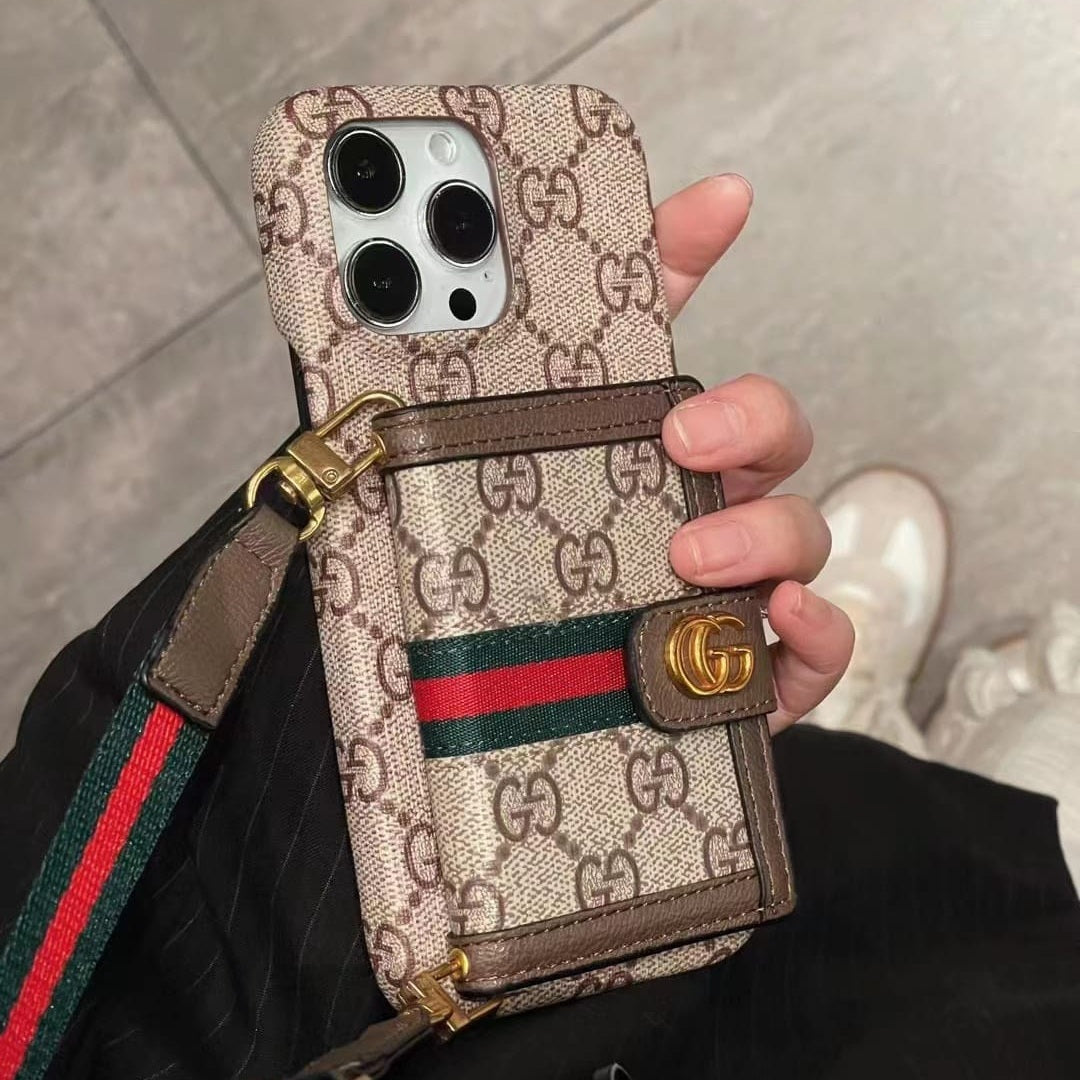 iPhone Luxury GG Stripe Leather Wallet Case with Cardholder & Crossbody Sling