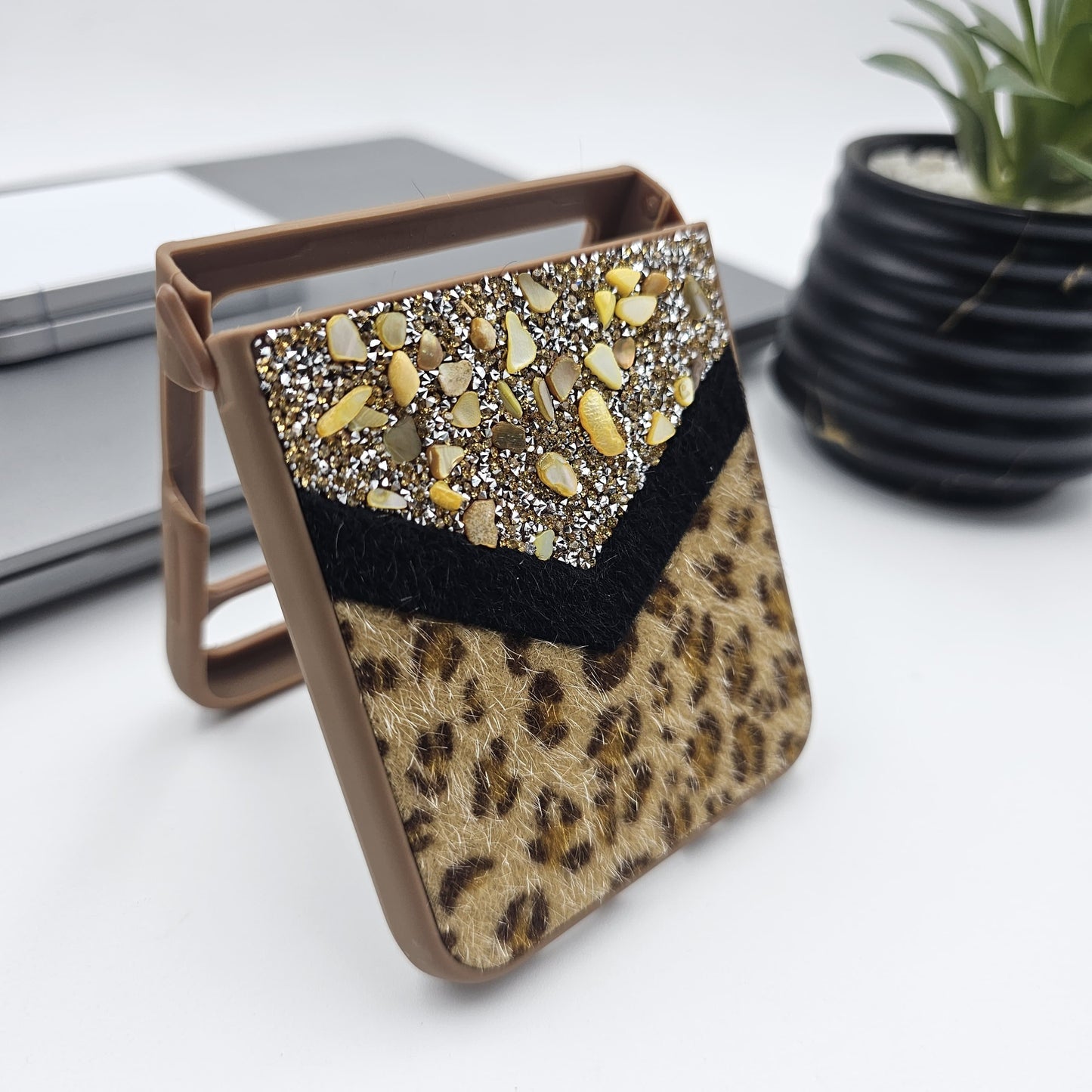 Samsung Galaxy Z Flip 7 FE Rhinestone Leopard Soft Fur Wristband Sling Case