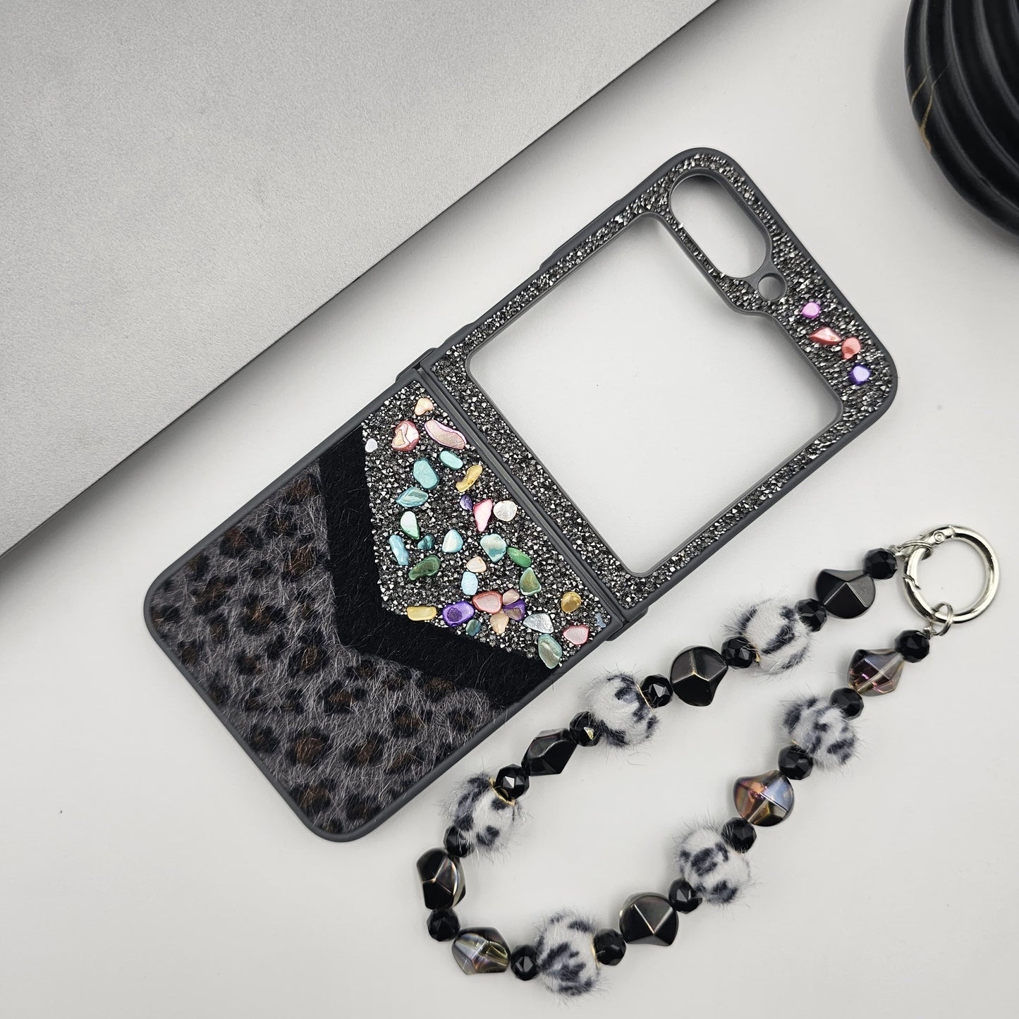 Samsung Galaxy Z Flip 7 FE Rhinestone Leopard Soft Fur Wristband Sling Case