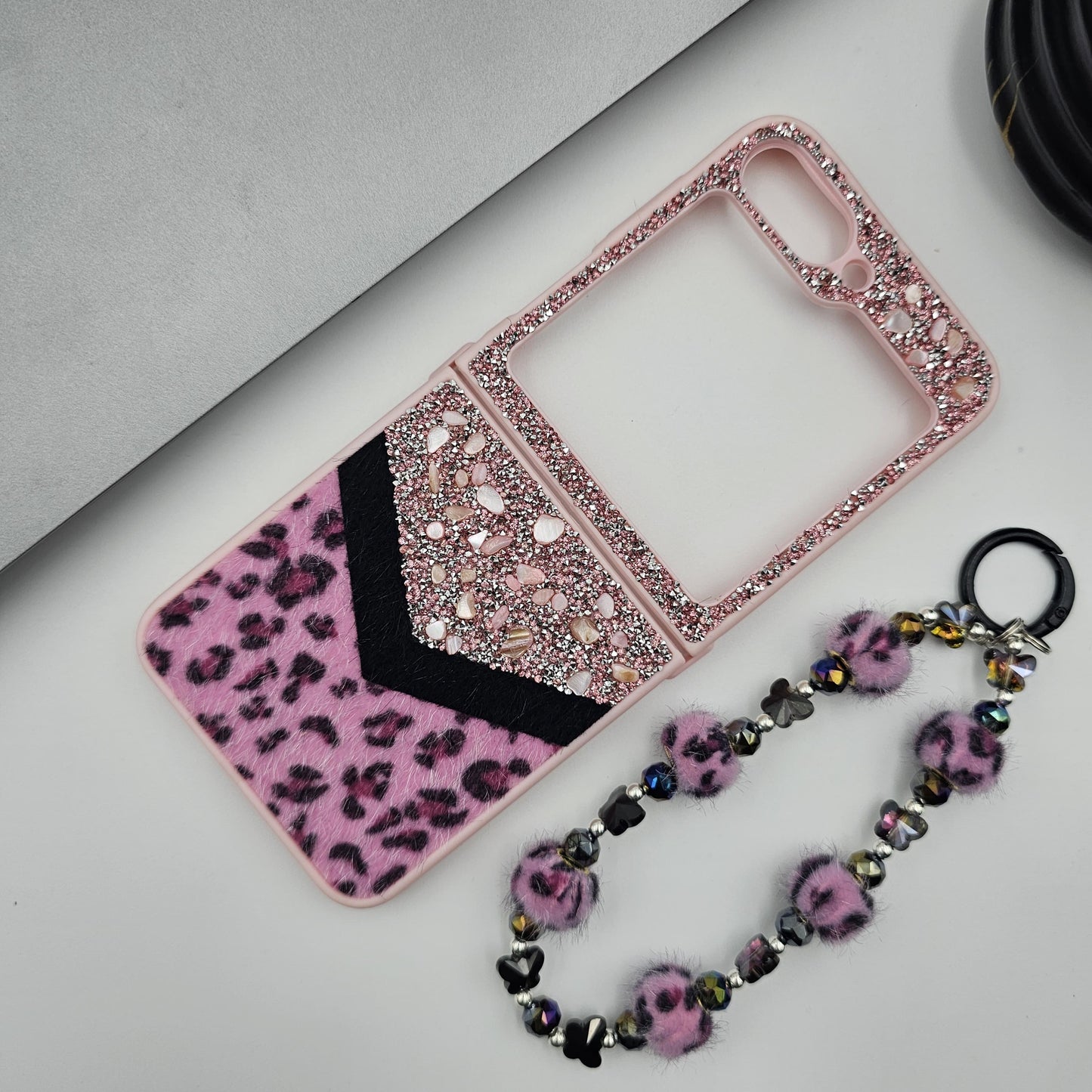 Samsung Galaxy Z Flip 7 FE Rhinestone Leopard Soft Fur Wristband Sling Case