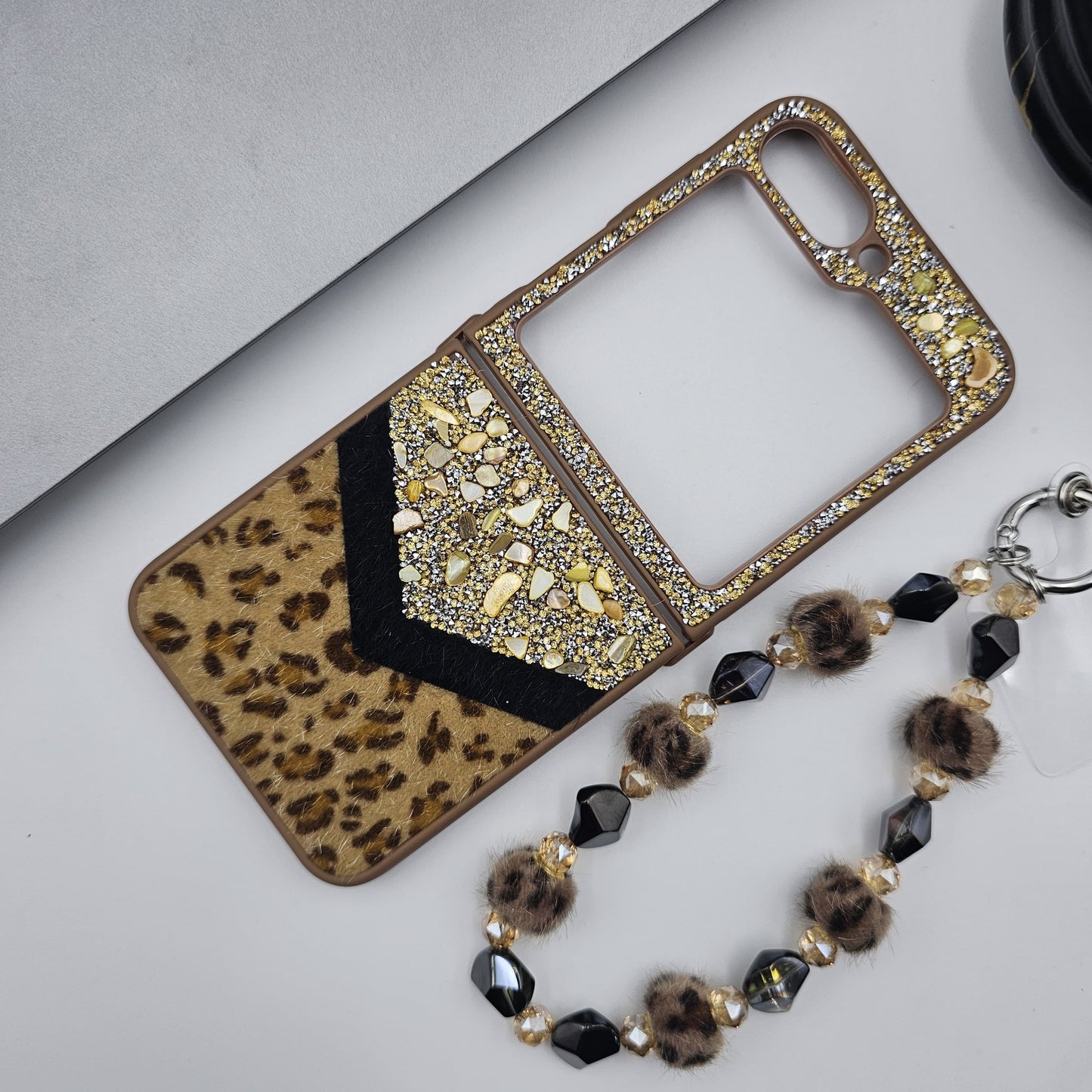 Samsung Galaxy Z Flip 7 FE Rhinestone Leopard Soft Fur Wristband Sling Case