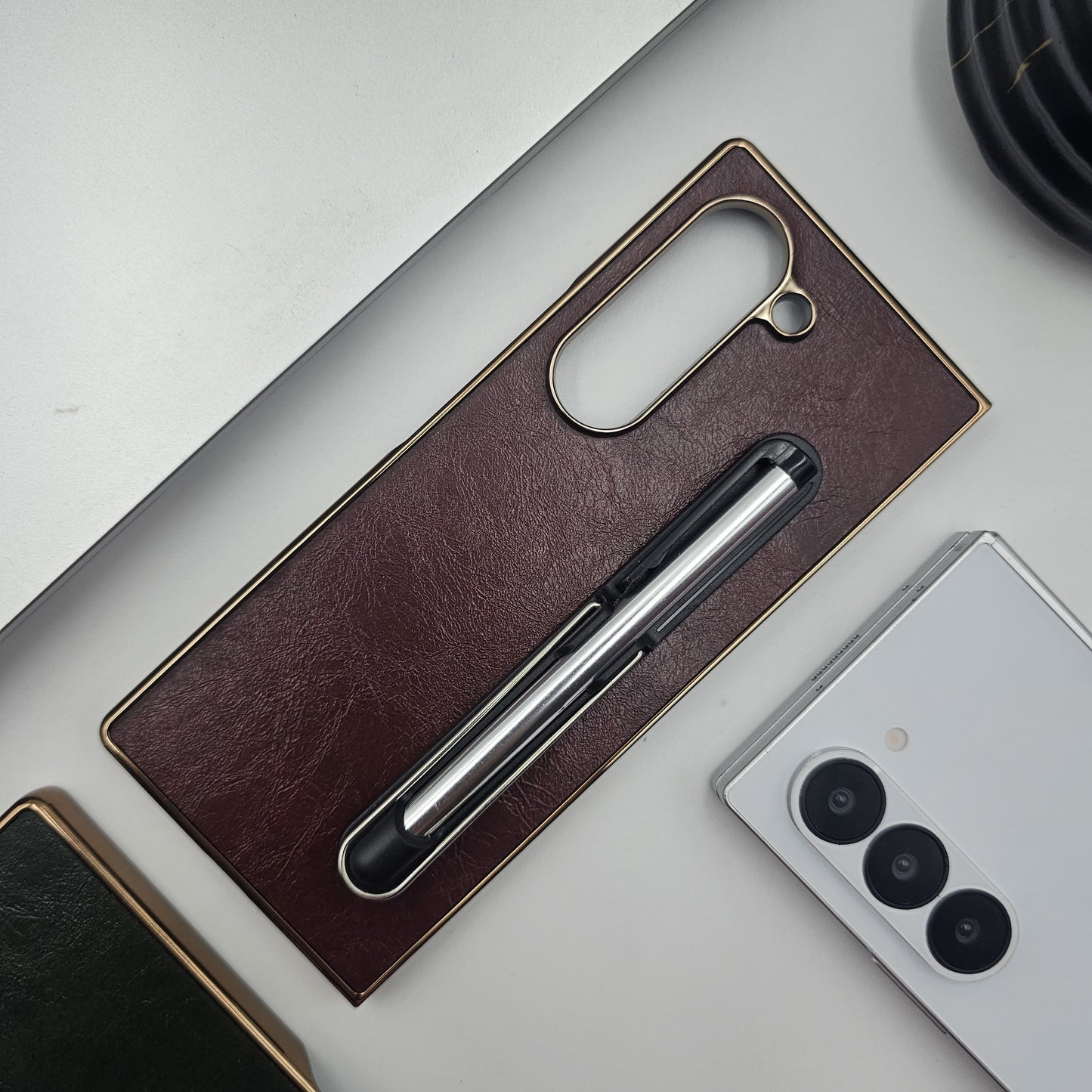 Leather Case with Pen & Holder for Samsung Galaxy Z Fold 6 | Kickstand | Gold Chrome Finish