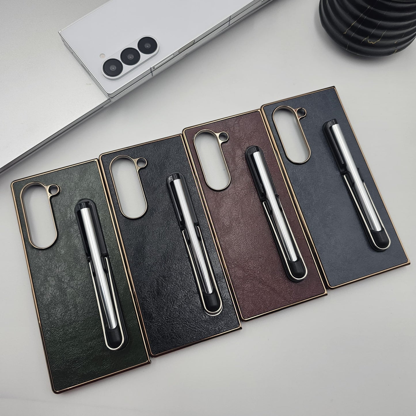 Leather Case with Pen & Holder for Samsung Galaxy Z Fold 6 | Kickstand | Gold Chrome Finish