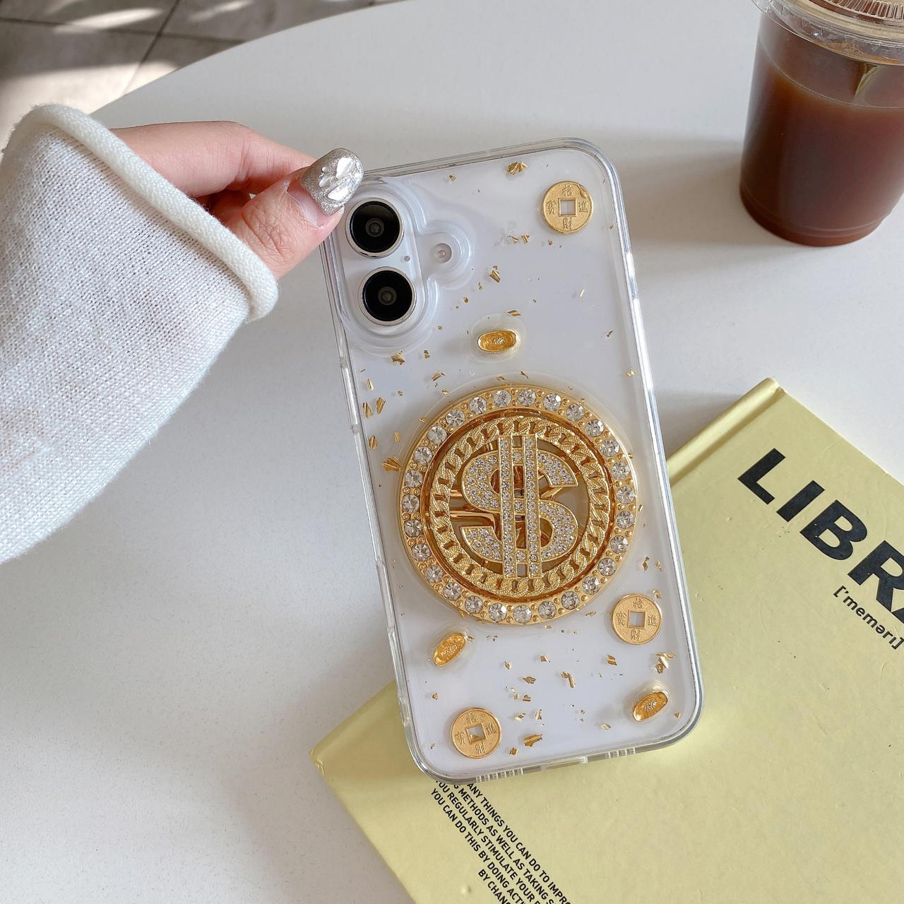 Luxury Rotating Dollar Case for iPhone Series | Gold Bling Coin Design with Beaded Wrist Strap