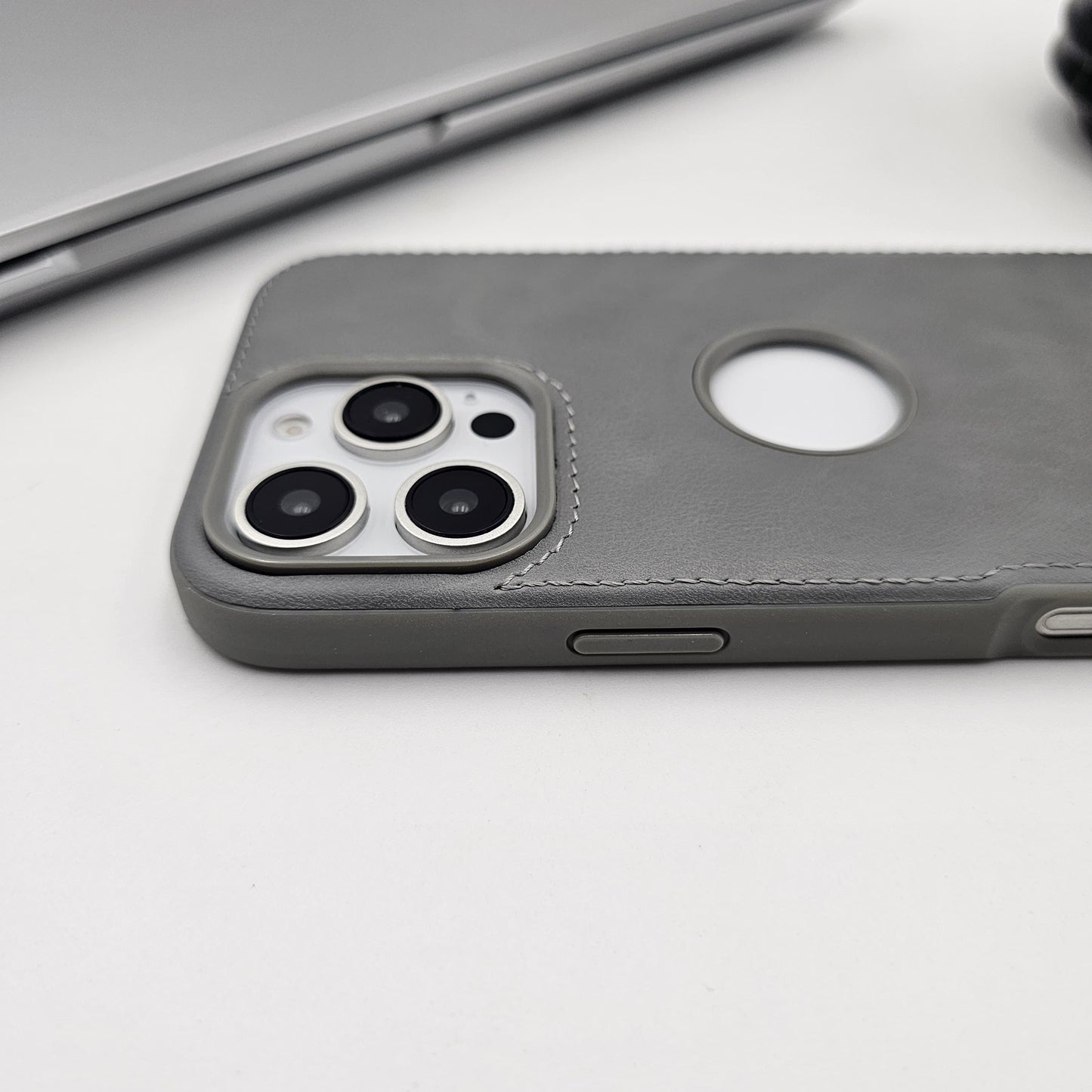 iPhone Corner Stitched Luxury Leather Logo Cut Hidden Magsafe Case