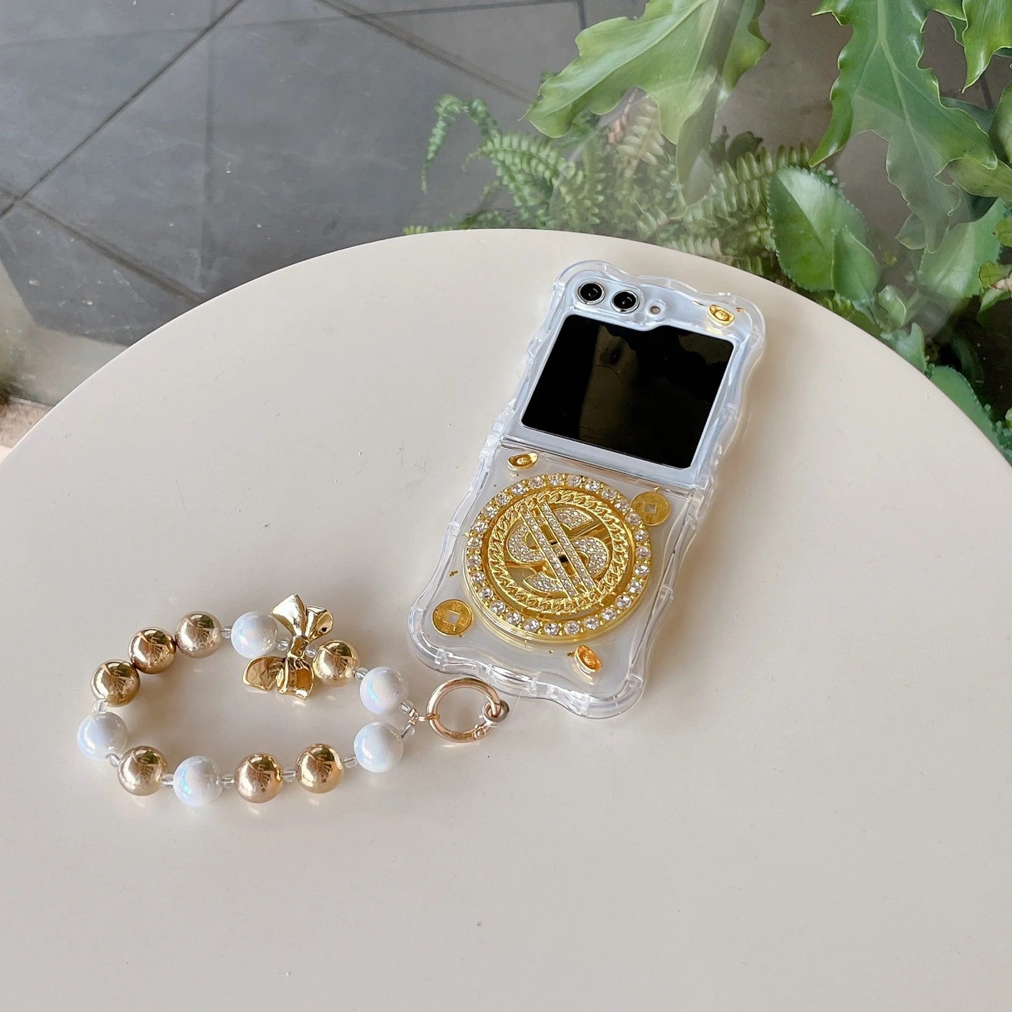 Luxury Rotating Dollar Case for Samsung Galaxy Z Flip 6 | Gold Bling Coin Design with Beaded Wrist Strap