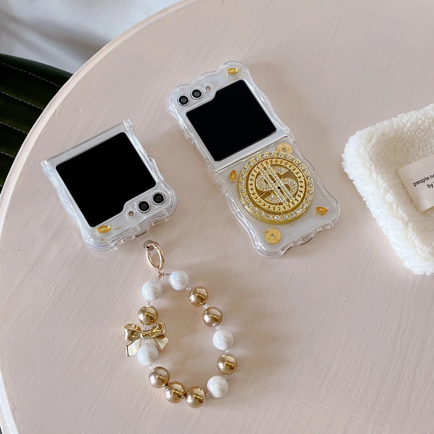 Luxury Rotating Dollar Case for Samsung Galaxy Z Flip 7 FE | Gold Bling Coin Design with Beaded Wrist Strap