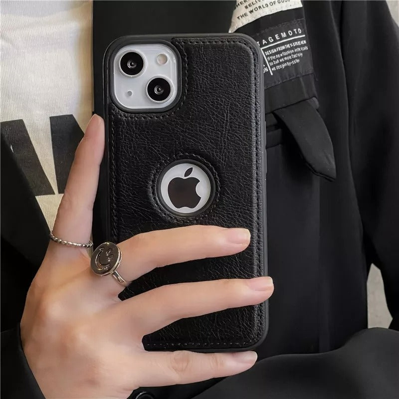 iPhone 14 Plus Luxury Leather Logo Cut Back Case Cover Clearance Sale