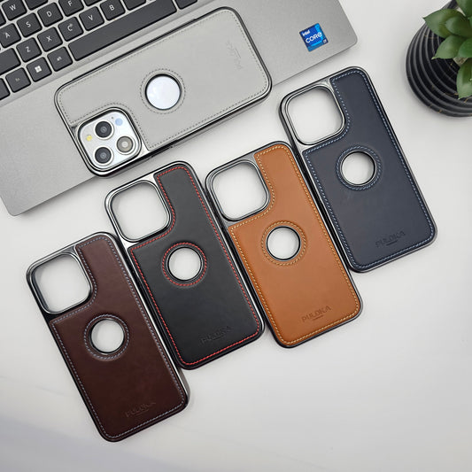 iPhone 16 Series Stitched Leather Logo Cut Chrome Case