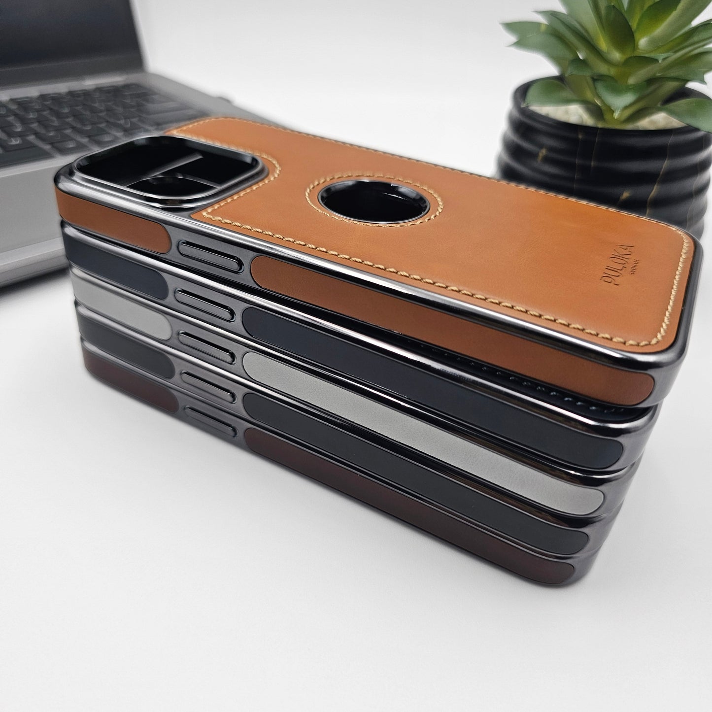iPhone 16 Series Stitched Leather Logo Cut Chrome Case