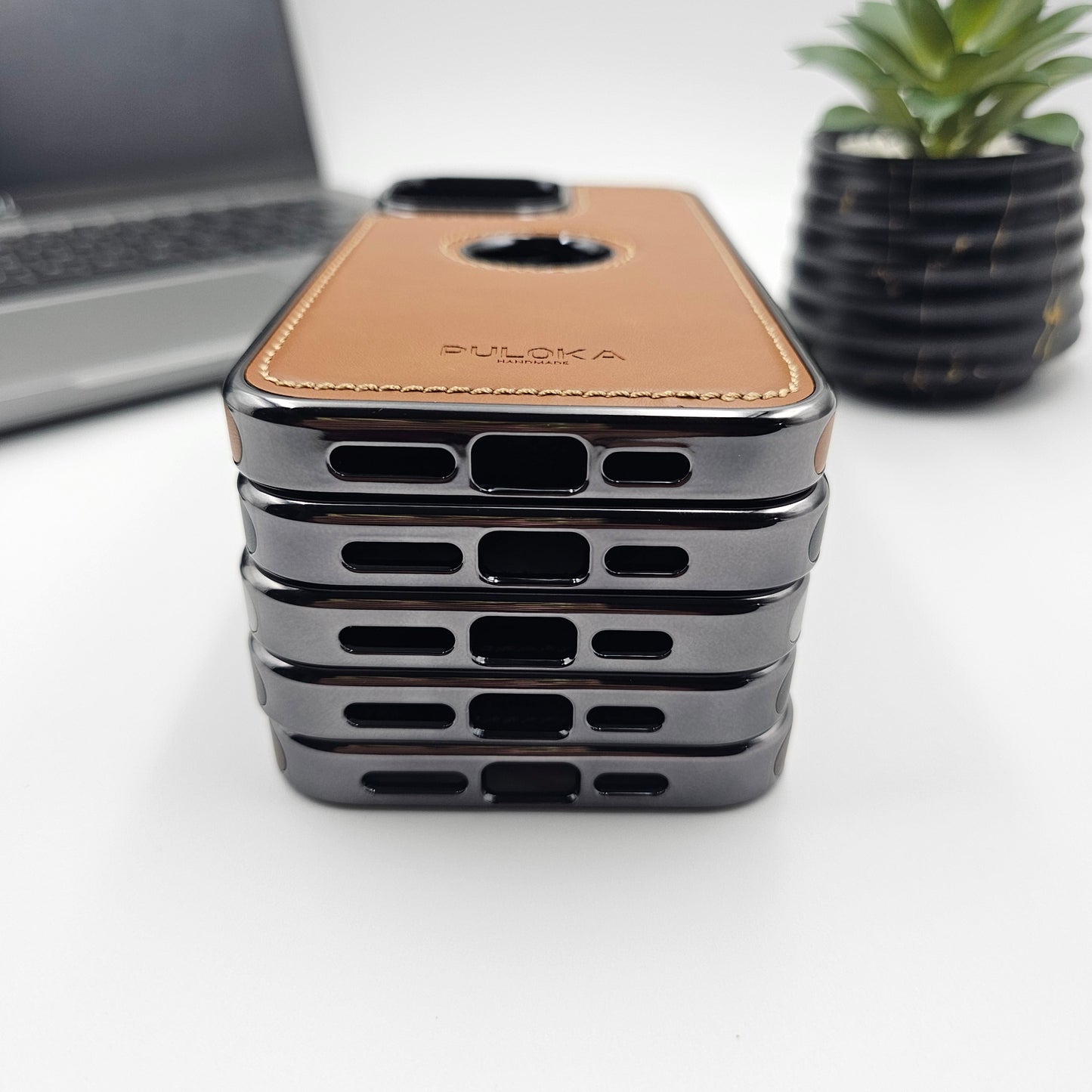 iPhone 16 Series Stitched Leather Logo Cut Chrome Case