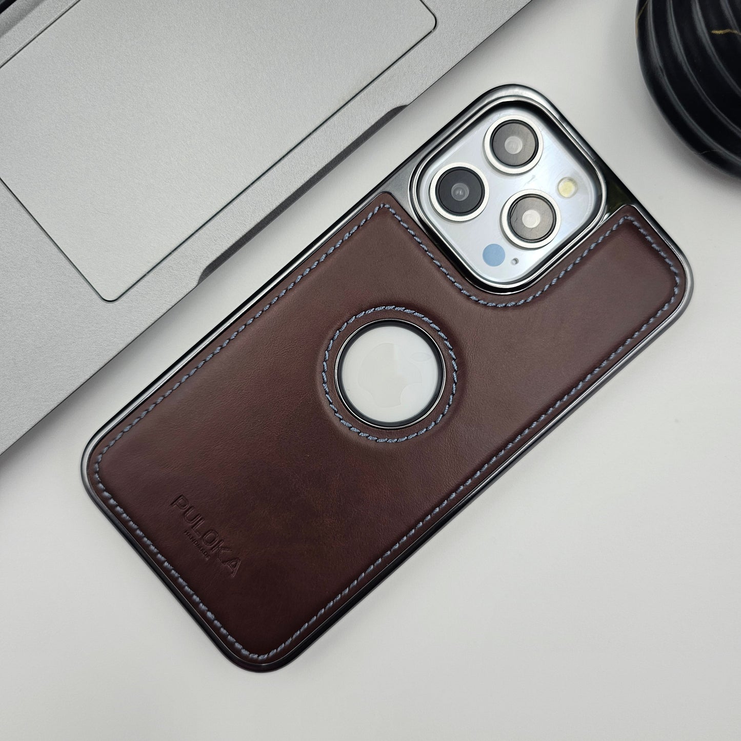 iPhone Stitched Leather Logo Cut Chrome Case