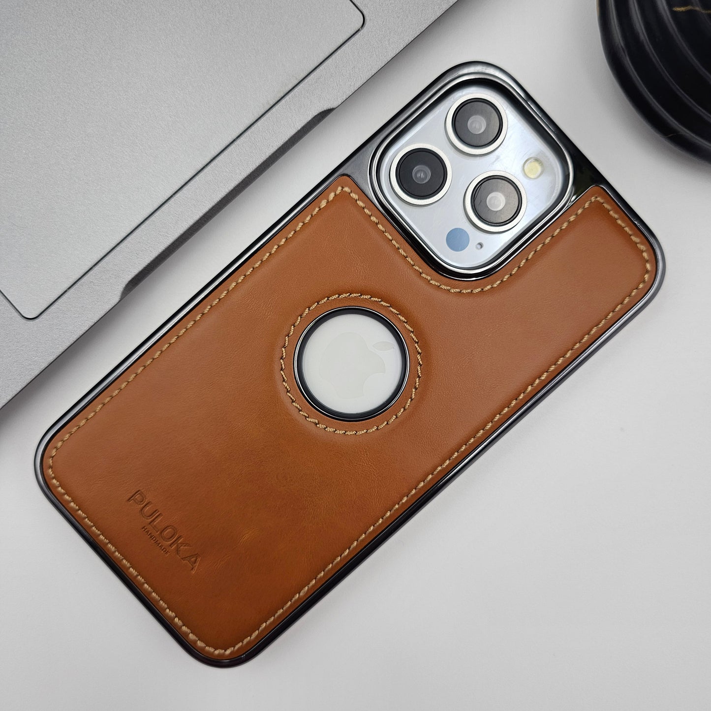iPhone 16 Series Stitched Leather Logo Cut Chrome Case