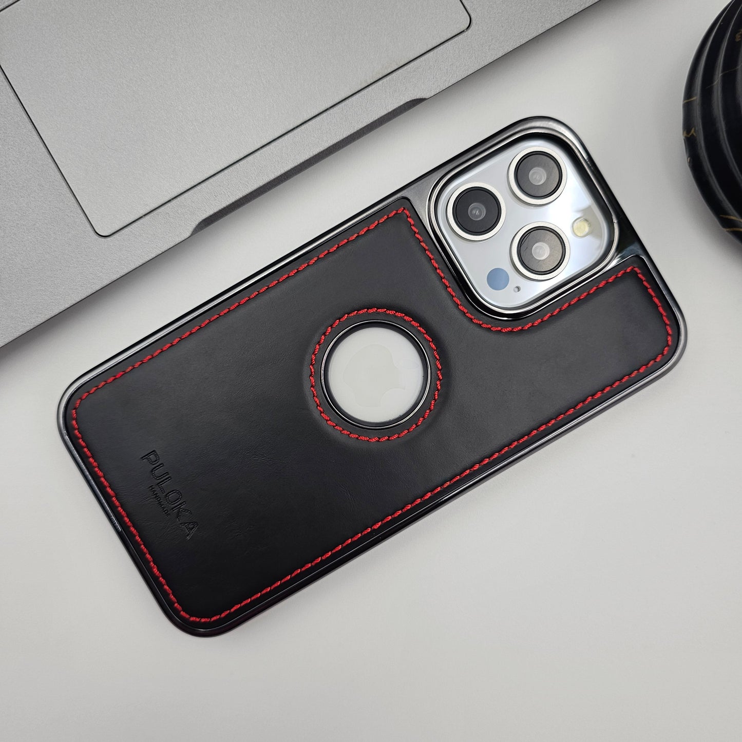 iPhone 16 Series Stitched Leather Logo Cut Chrome Case