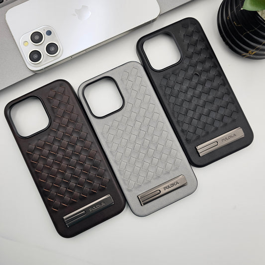 iPhone Leather Checks Grid Pattern Kickstand Case Inside Velvet