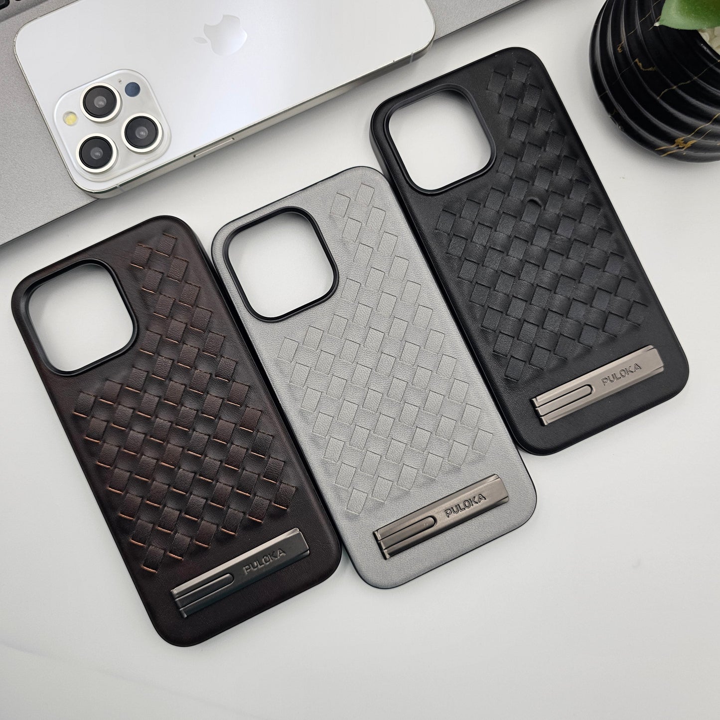 iPhone 15 Series Leather Checks Grid Pattern Kickstand Case