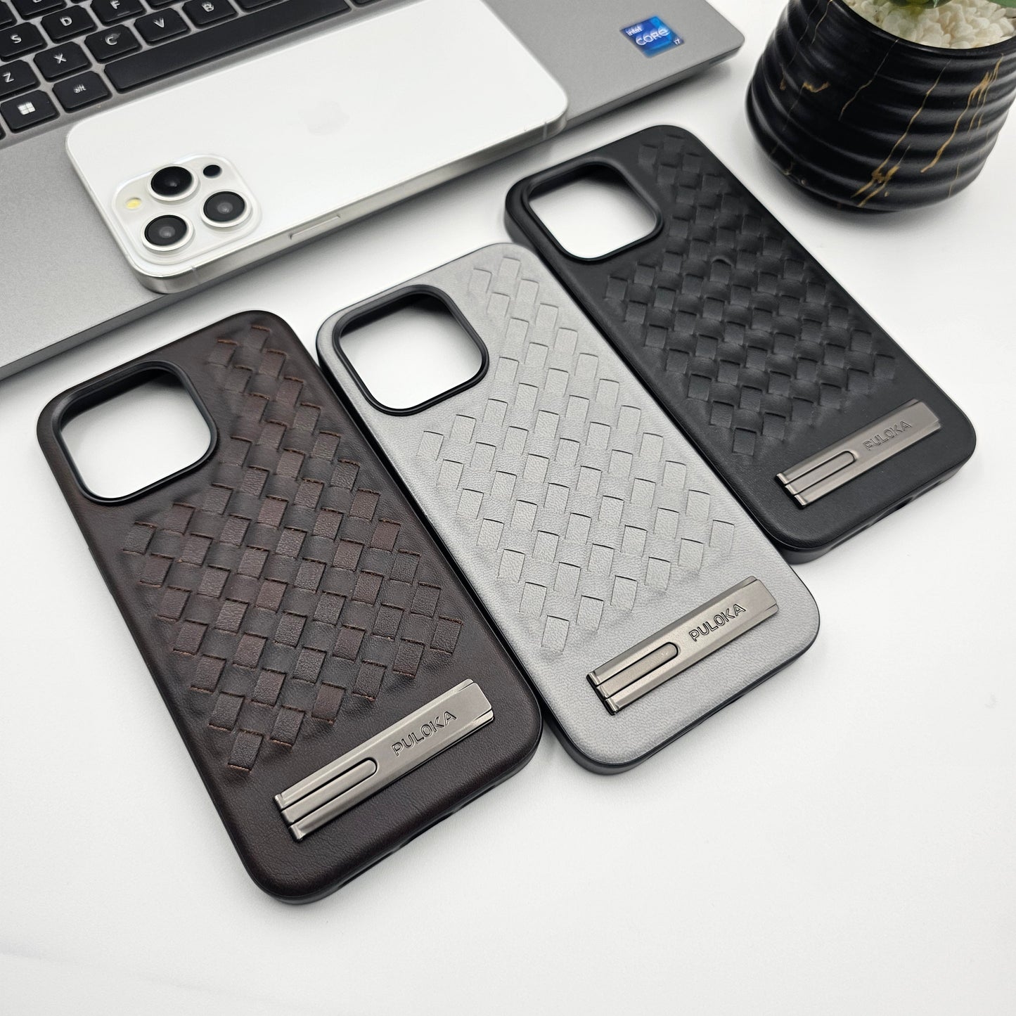 iPhone Leather Checks Grid Pattern Kickstand Case Inside Velvet