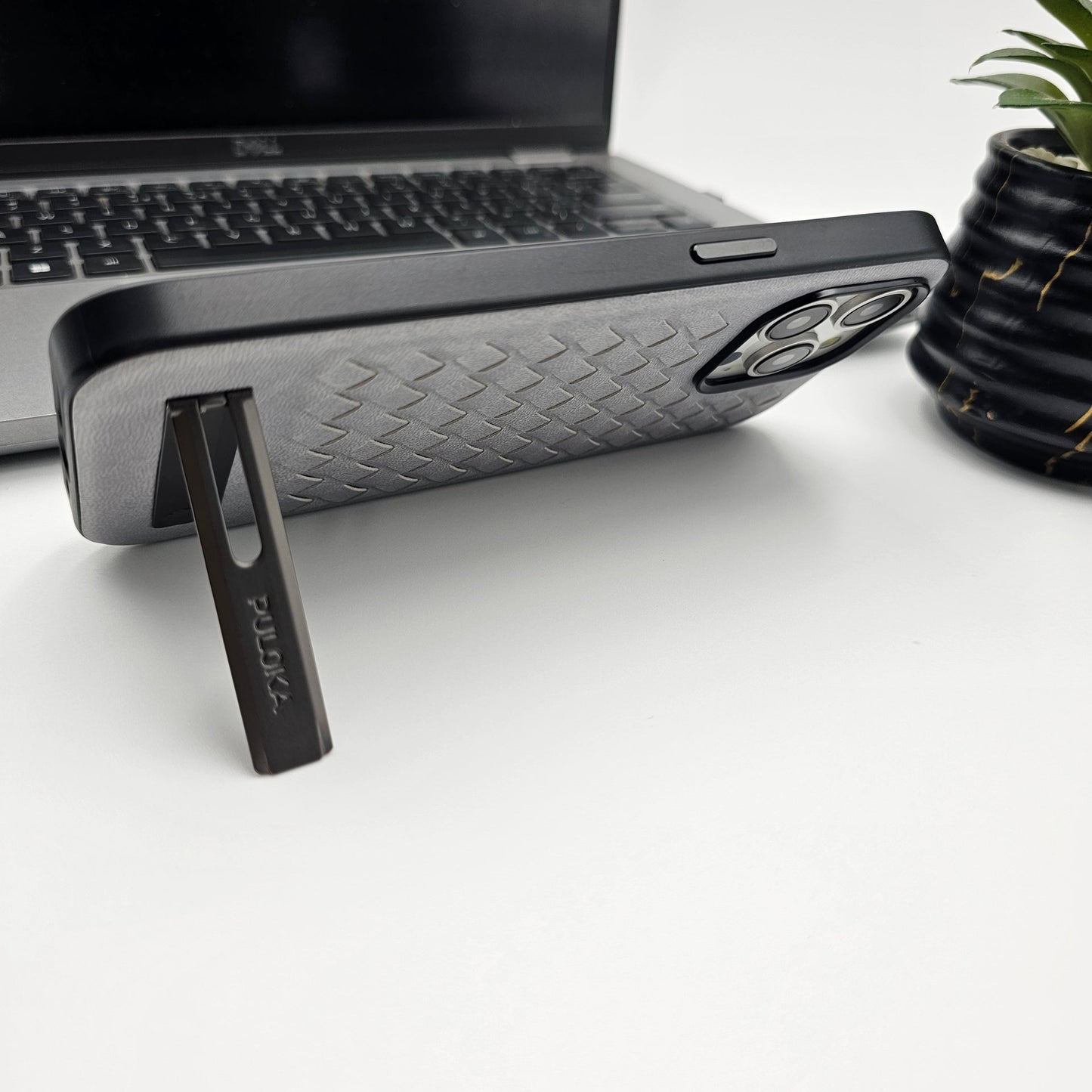 iPhone 15 Series Leather Checks Grid Pattern Kickstand Case