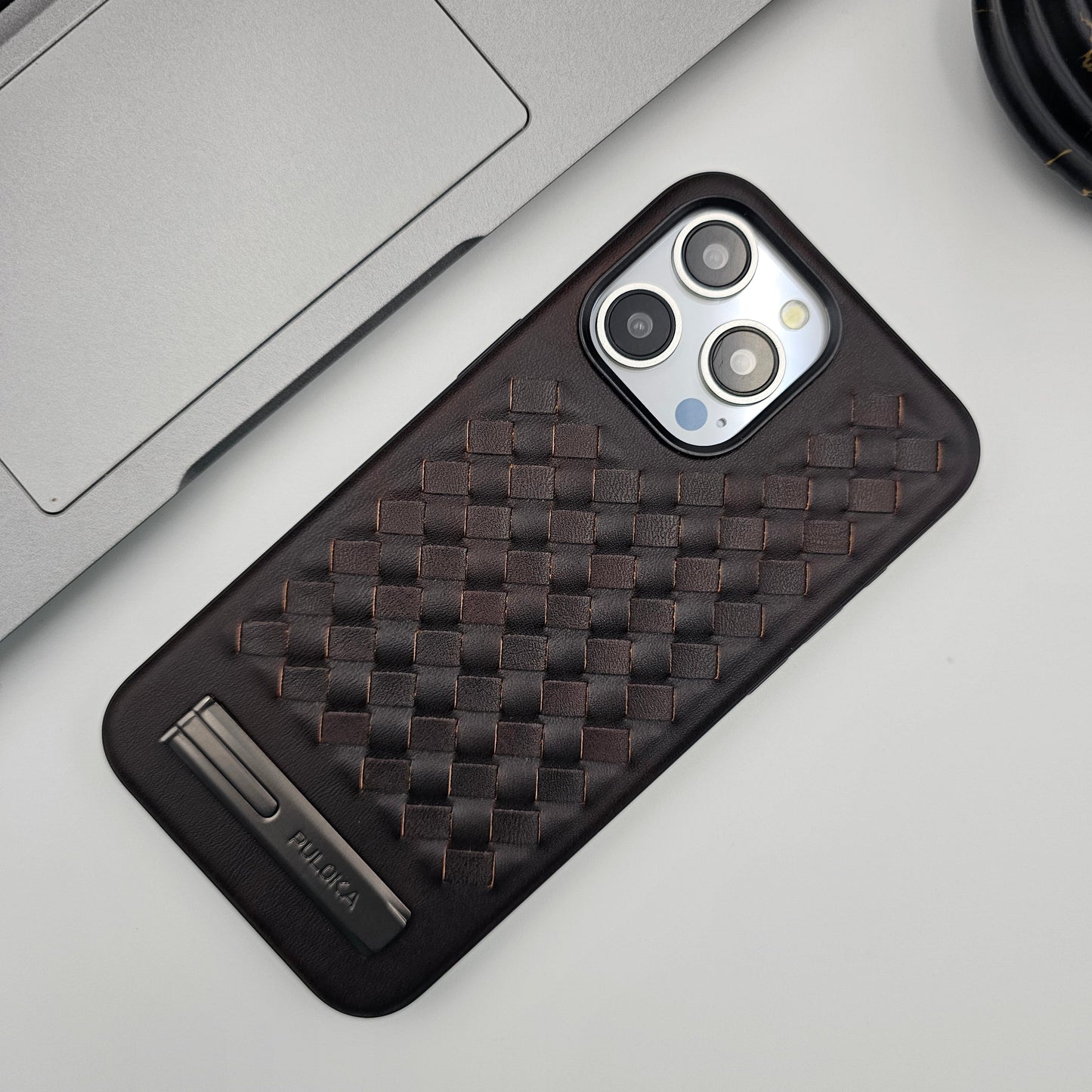 iPhone Leather Checks Grid Pattern Kickstand Case Inside Velvet