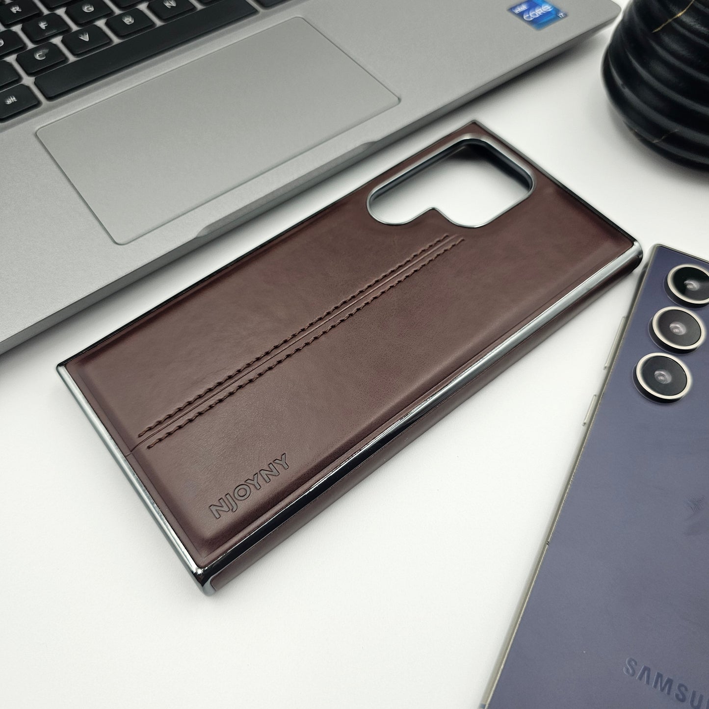 Samsung Galaxy S23 Ultra Centre Stitched Leather Case Inside Velvet Brown