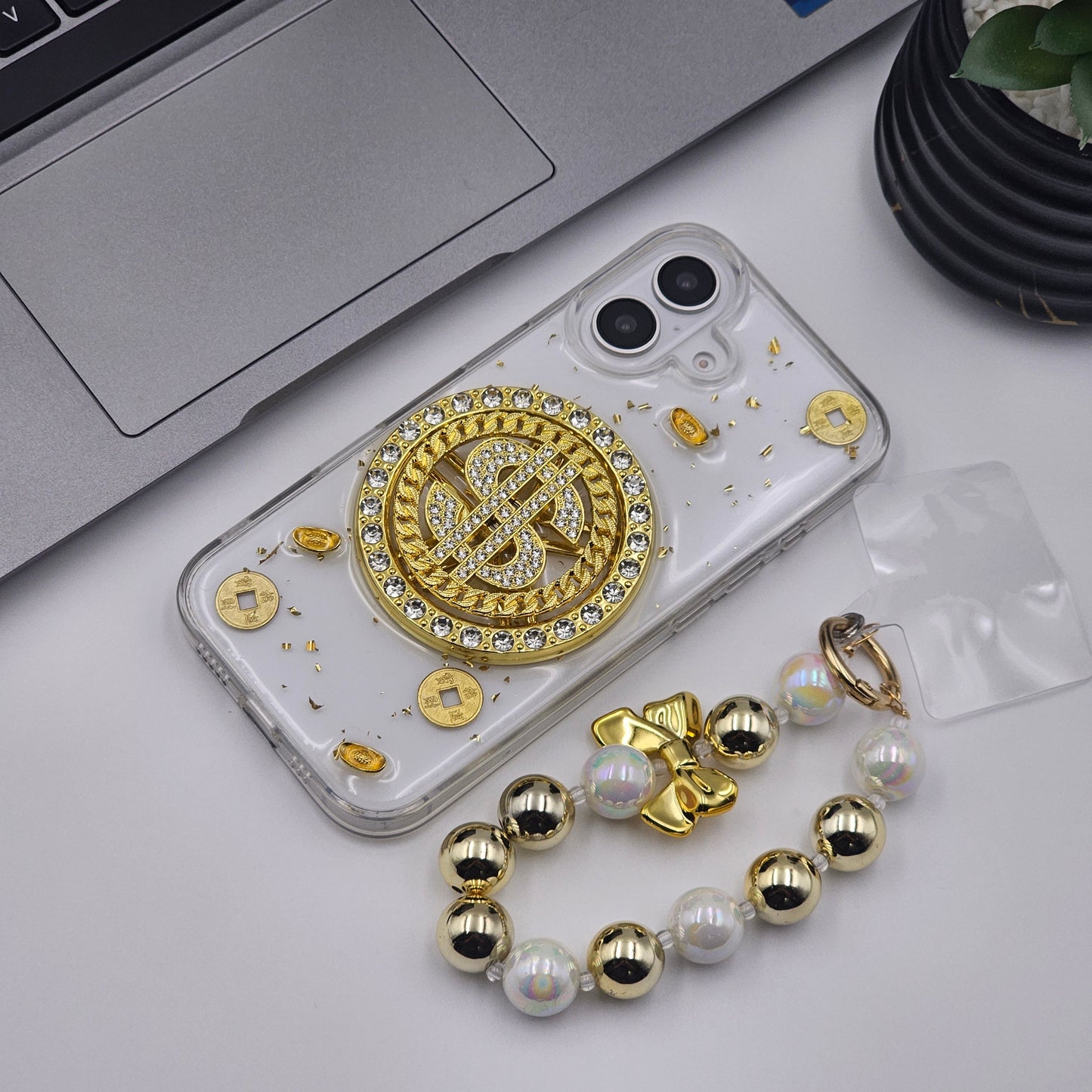 Luxury Rotating Dollar Case for iPhone Series | Gold Bling Coin Design with Beaded Wrist Strap