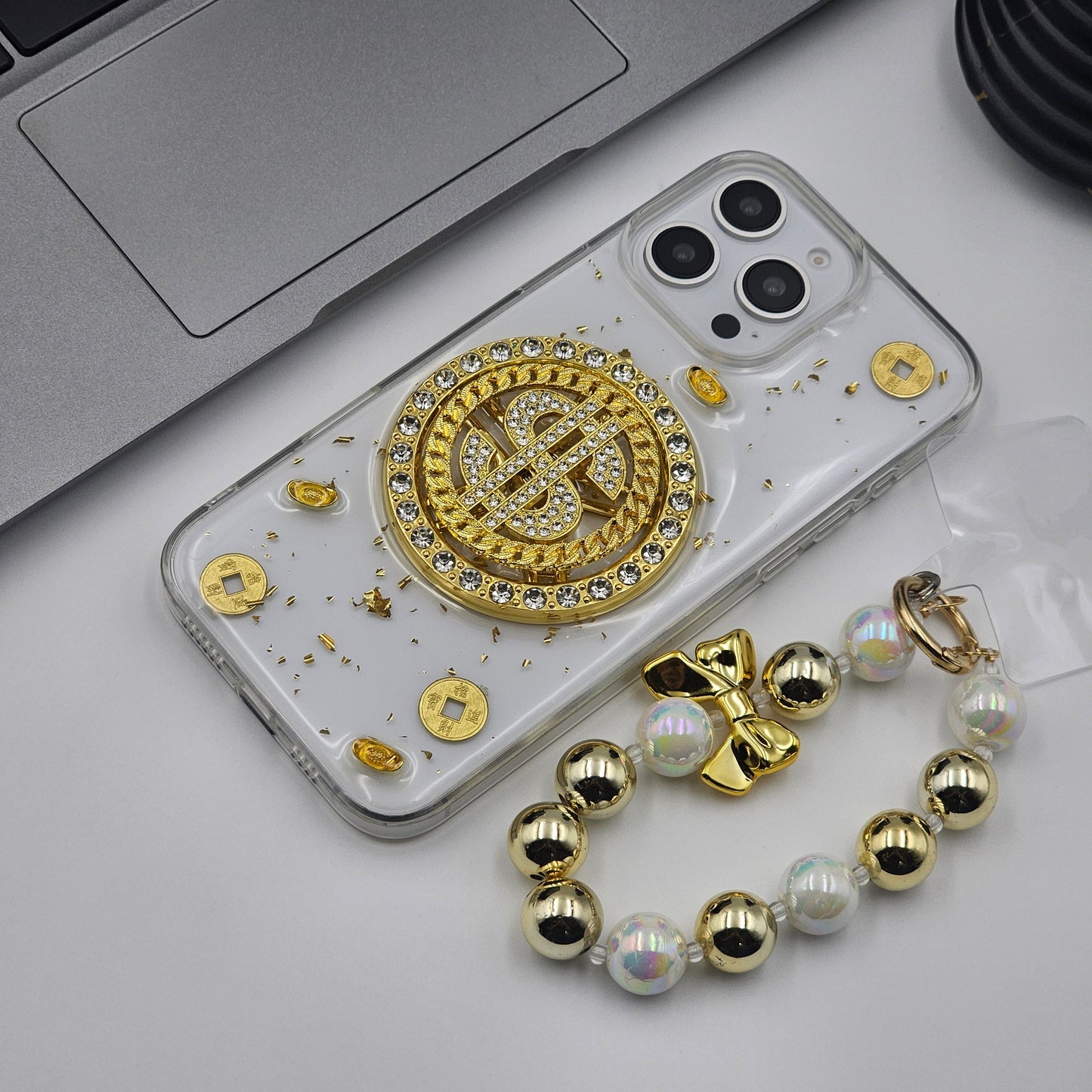 Luxury Rotating Dollar Case for iPhone Series | Gold Bling Coin Design with Beaded Wrist Strap