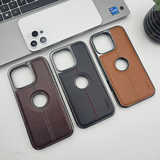 iPhone 16 Series Centre Stitched Leather Logo Cut Chrome Case