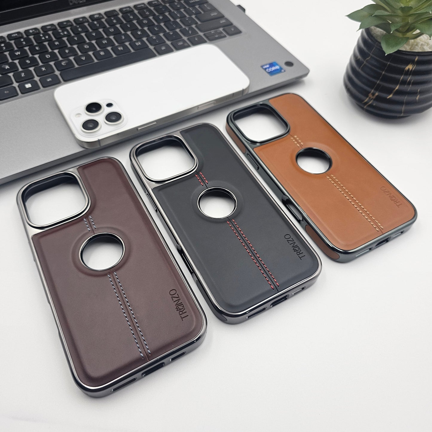 iPhone 16 Series Centre Stitched Leather Logo Cut Chrome Case